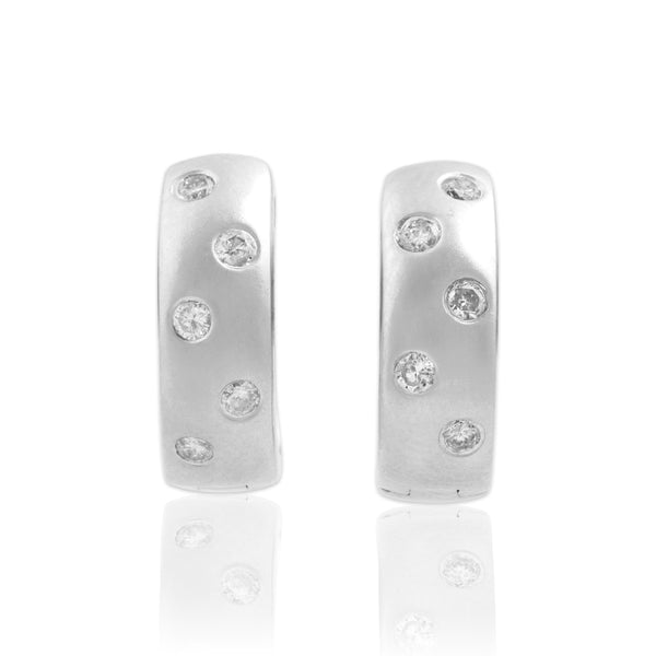 Vintage 18k White Gold .2cttw Diamond Flush-Set Brushed Huggie Hoop Earrings