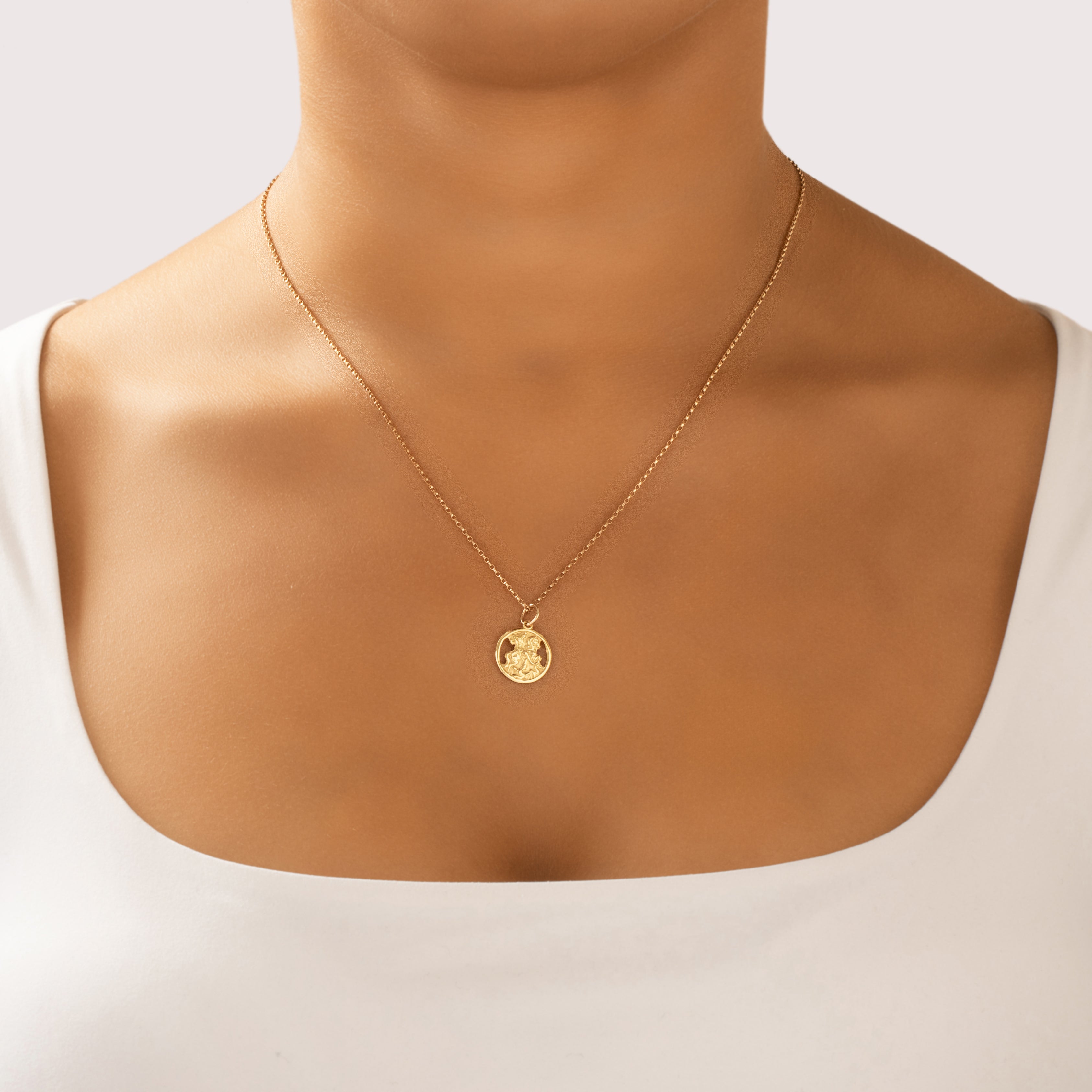 Vintage Lightweight 18k Yellow Gold St. George Dragon Medallion Charm / Pendant - On model view