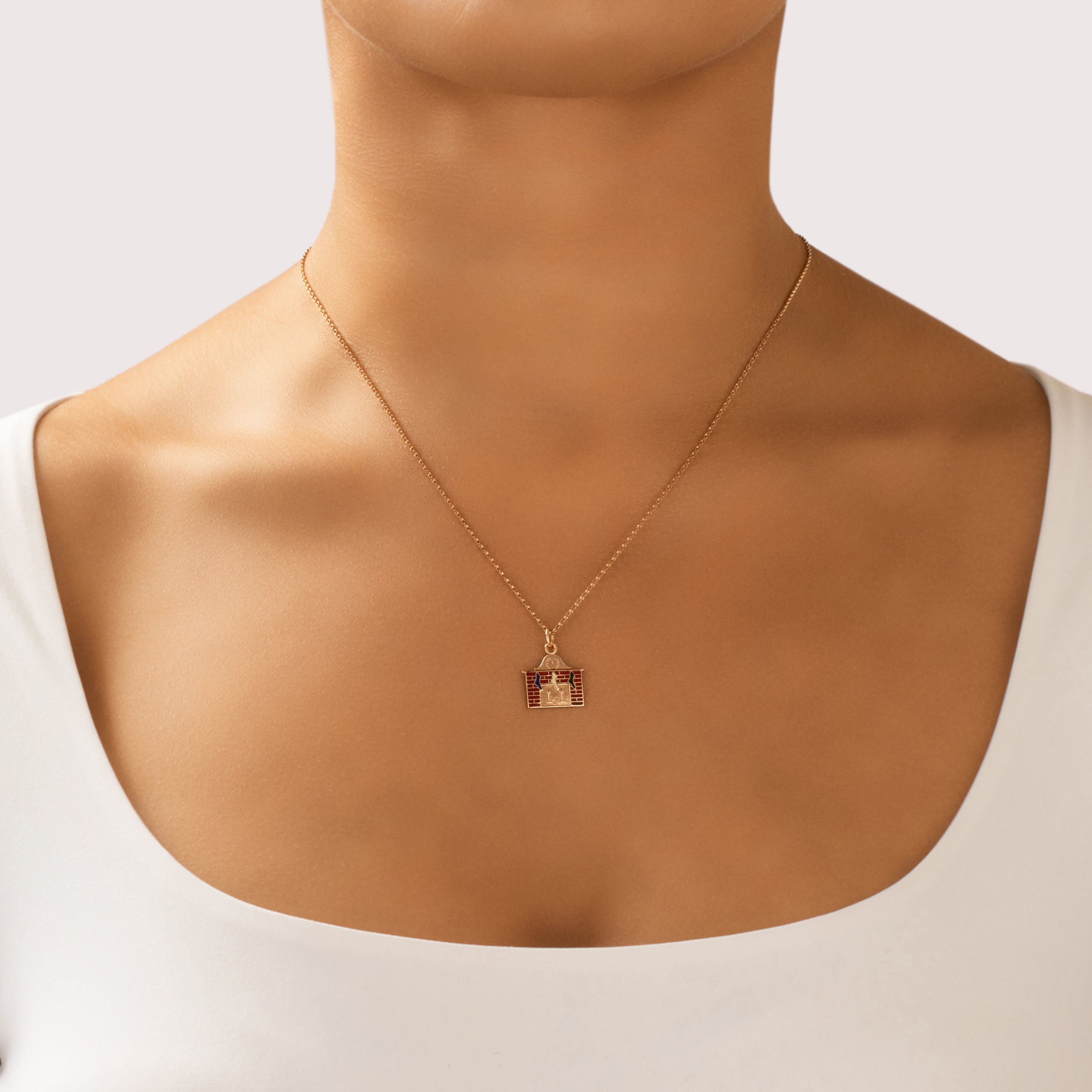 Vintage 14k Rose Gold Festive Enamel Fireplace With Stockings Charm / Pendant - On model view