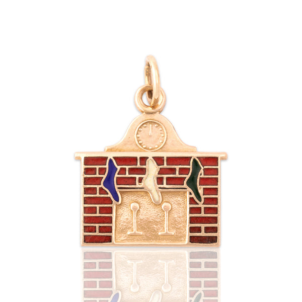 Vintage 14k Rose Gold Festive Enamel Fireplace With Stockings Charm / Pendant