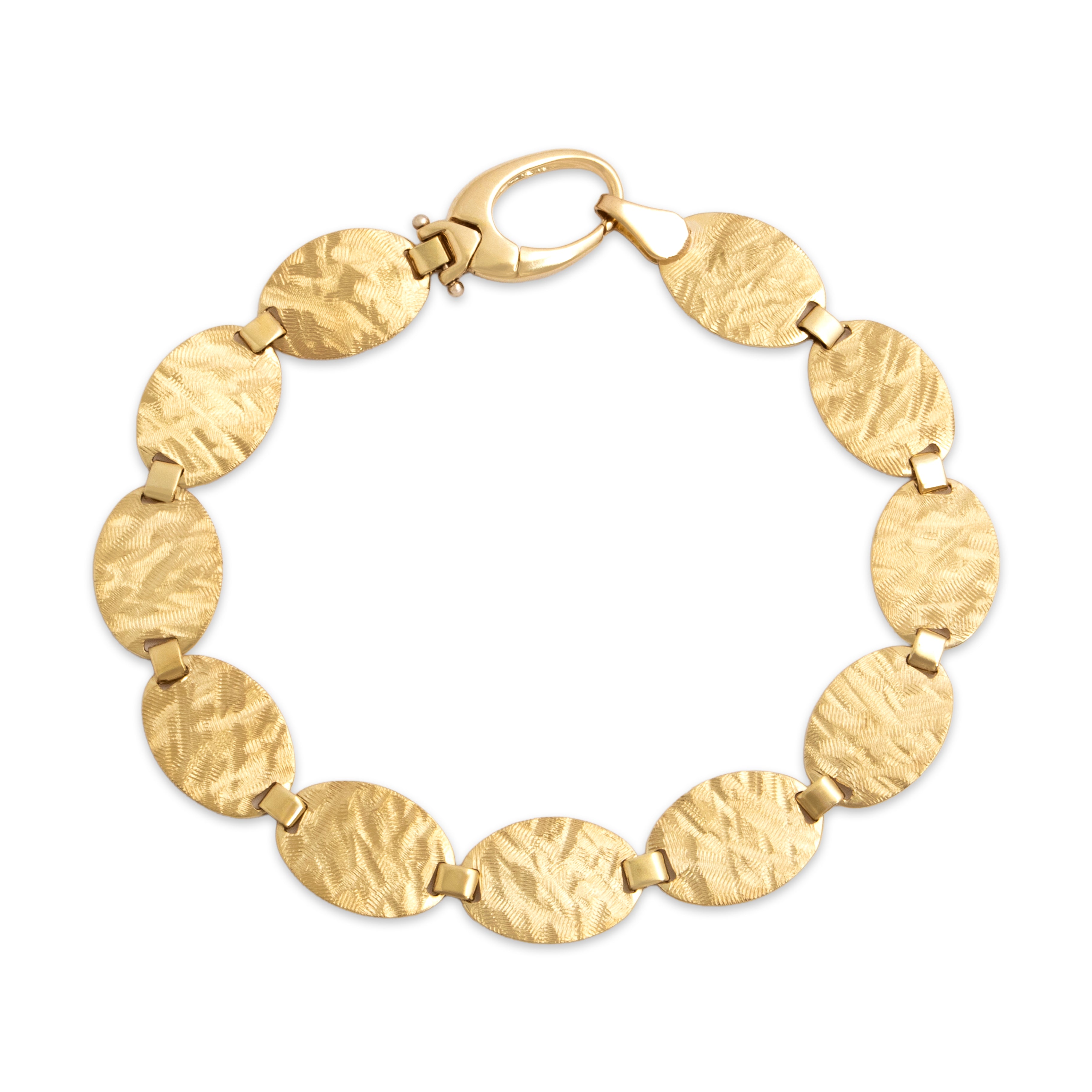 Vintage Italian 14k Yellow Gold Chic Textured Oval Disc Bracelet - Close-up view