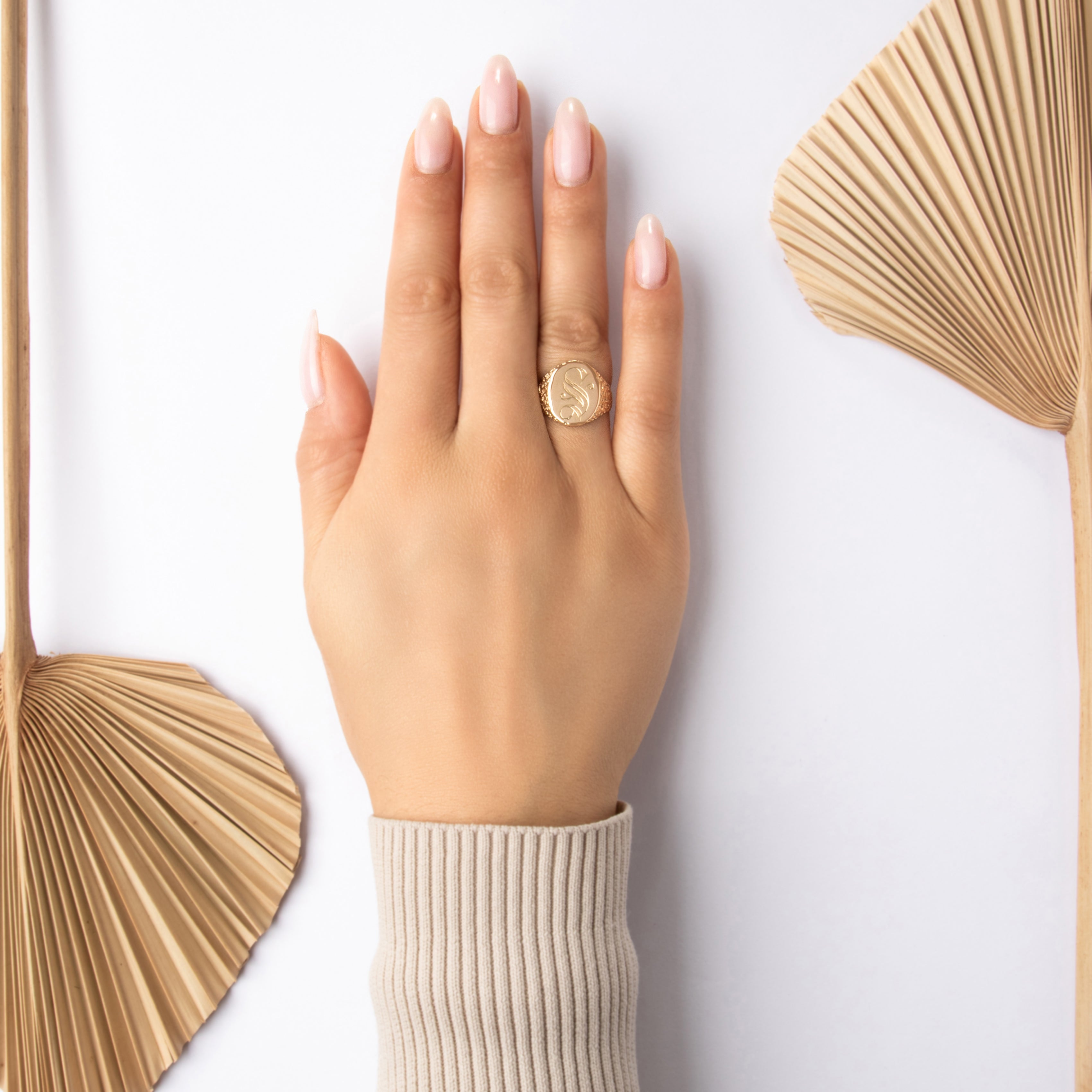 Vintage 14k Yellow Gold Striking Textured Initial S Signet Ring - On model view