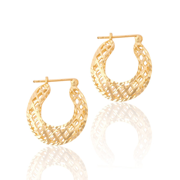 Vintage 14k Yellow Gold Glinting Open Woven Basket Hoop Earrings