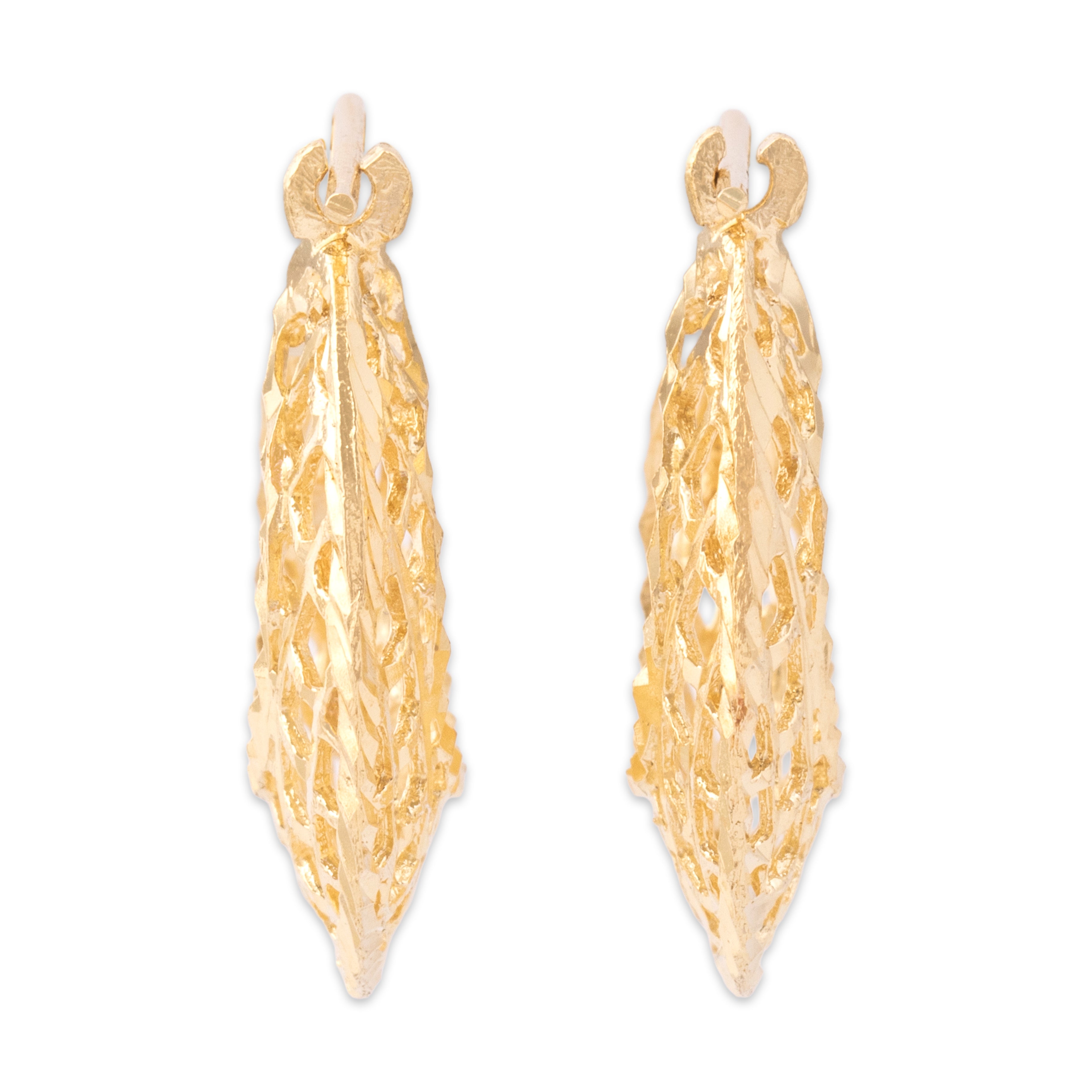 Vintage 14k Yellow Gold Glinting Open Woven Basket Hoop Earrings - Back view