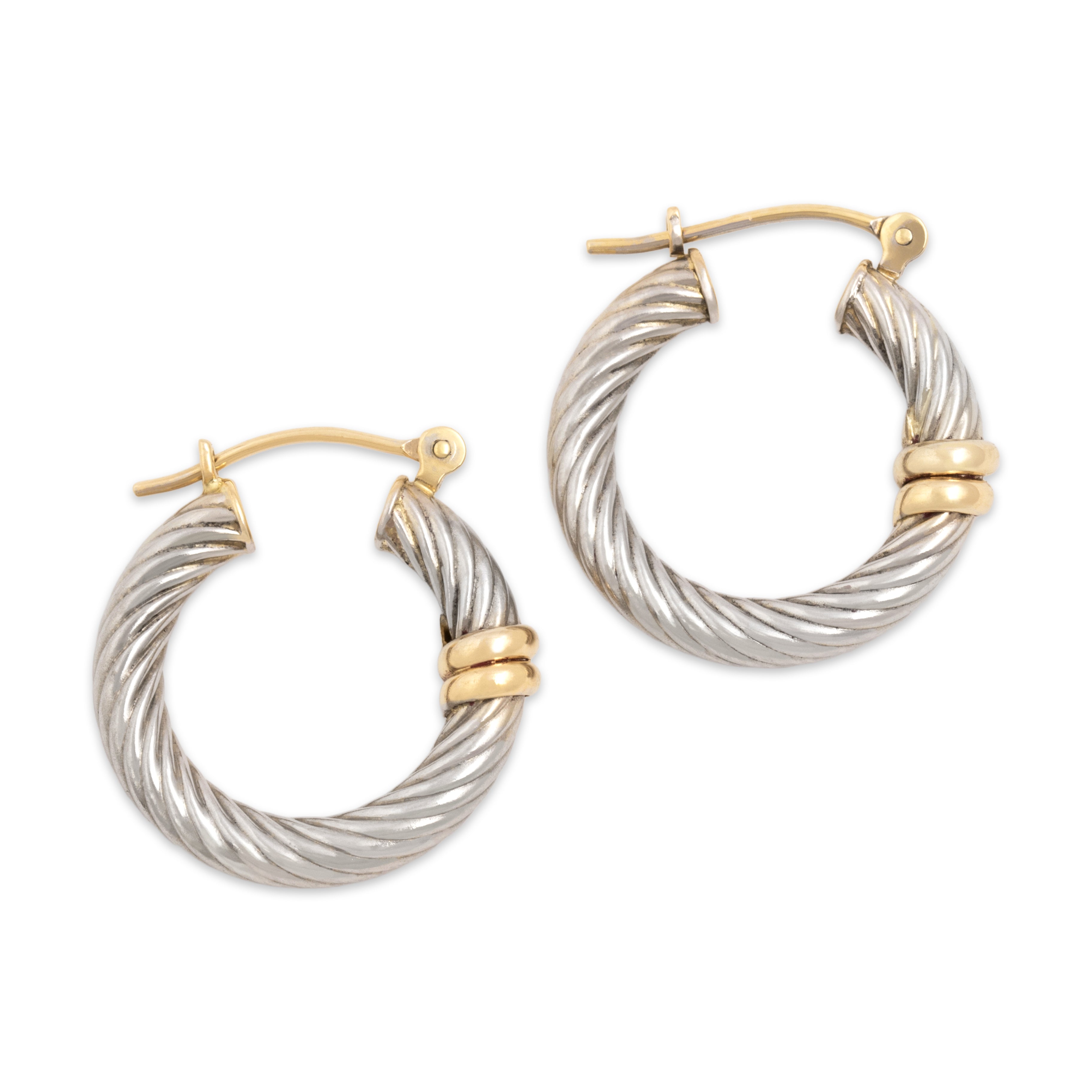 Vintage 14k White & Yellow Gold Chic Dual-Tone Twisted Hoop Earrings - Side view