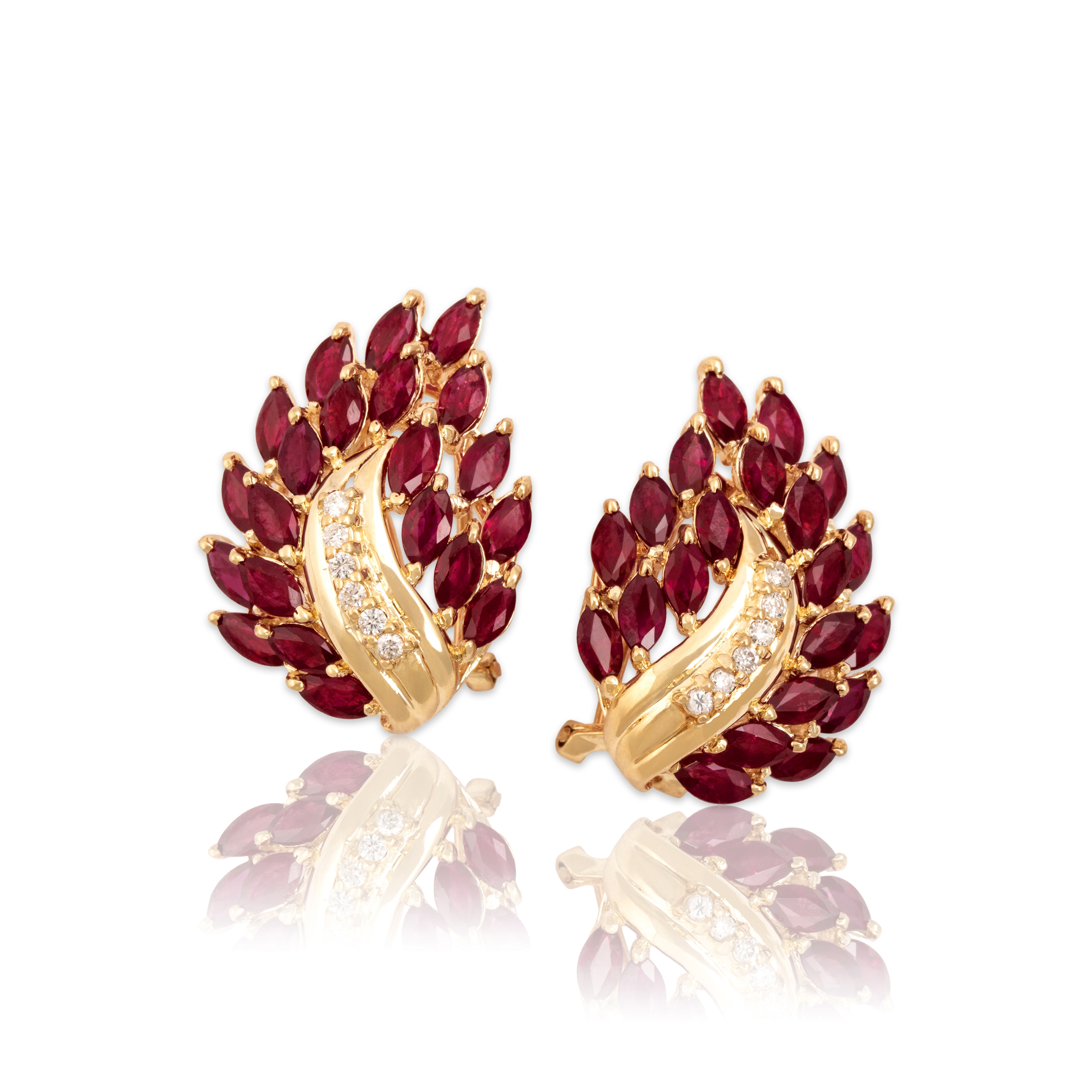 Vintage Large 14k Yellow Gold 3.75cttw Ruby Diamond Glimmering Flame Earrings