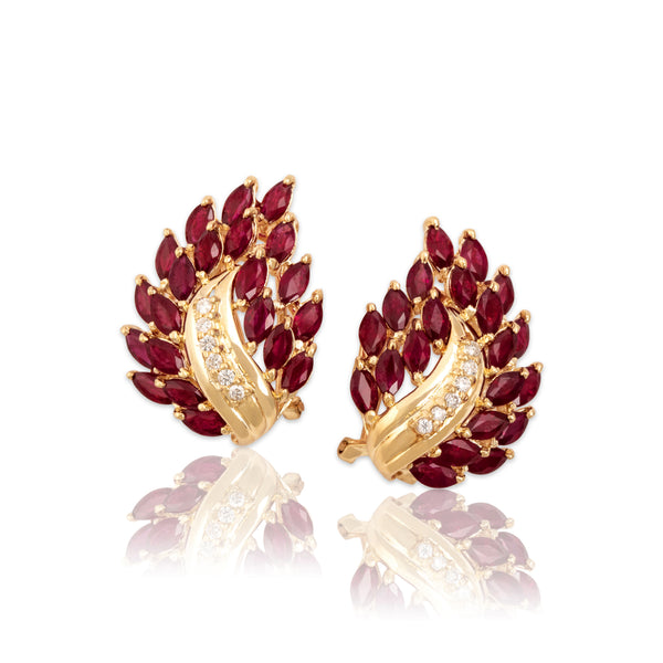Vintage Large 14k Yellow Gold 3.75cttw Ruby Diamond Glimmering Flame Earrings