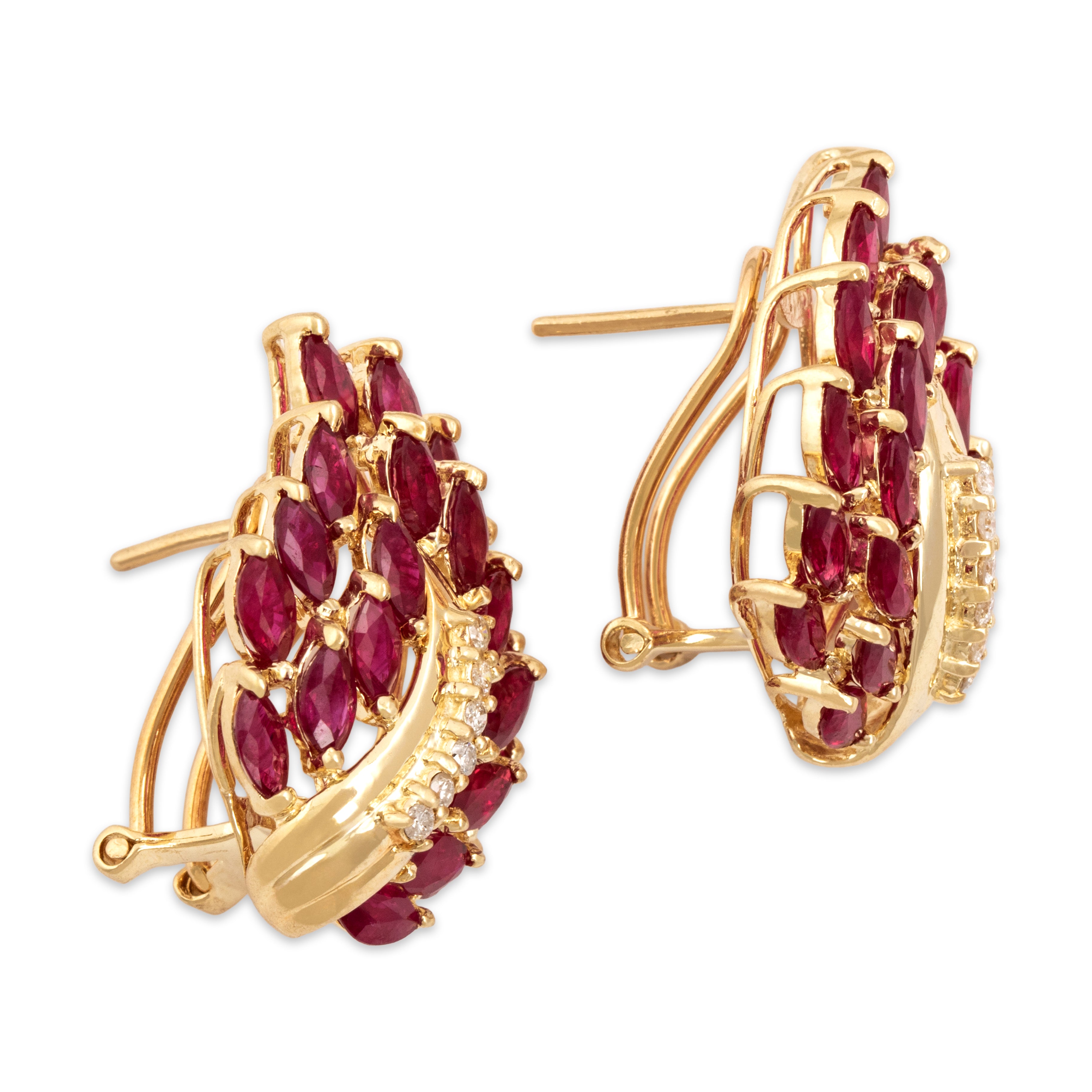 Vintage Large 14k Yellow Gold 3.75cttw Ruby Diamond Glimmering Flame Omega-Back Earrings - Side view
