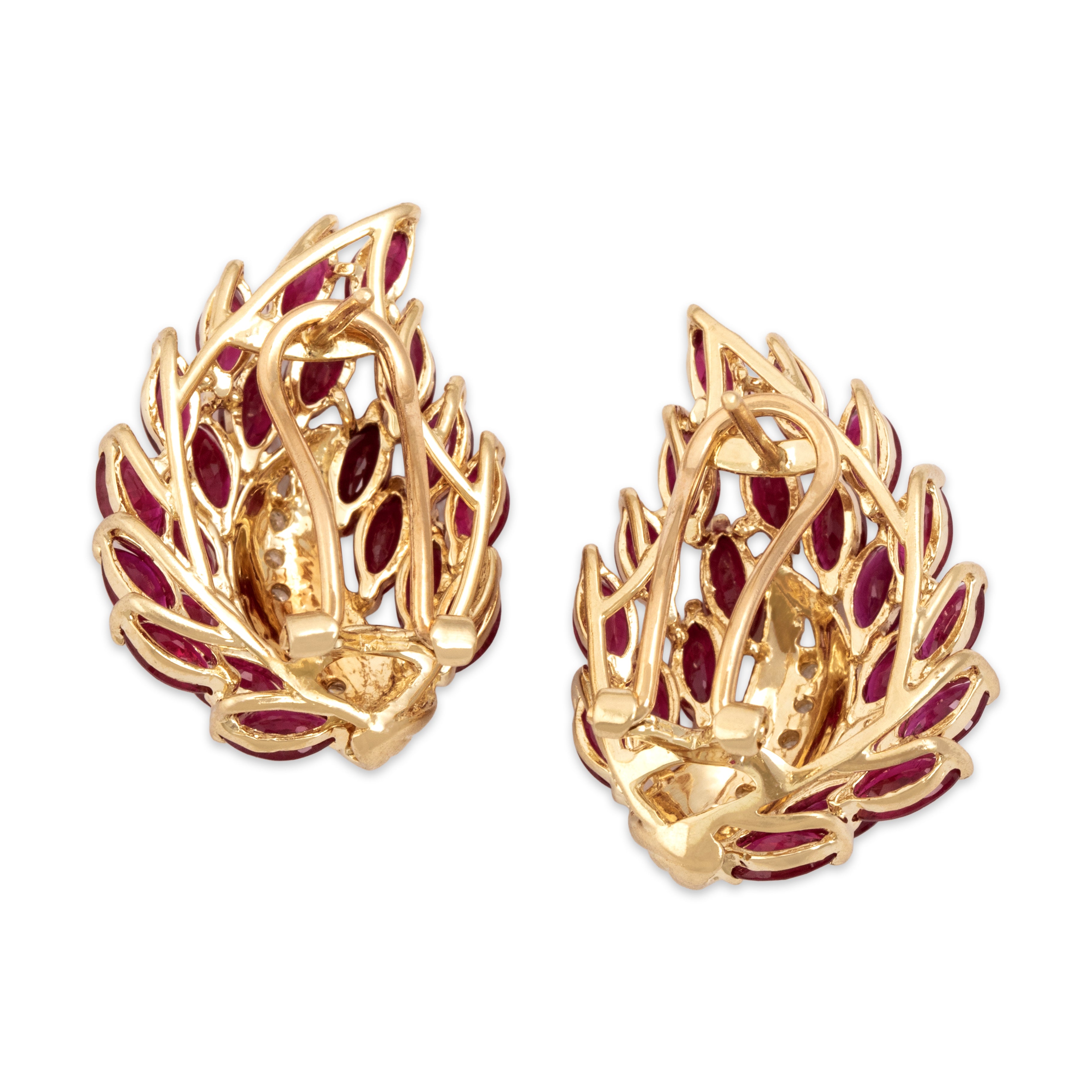 Vintage Large 14k Yellow Gold 3.75cttw Ruby Diamond Glimmering Flame Omega-Back Earrings - Back view