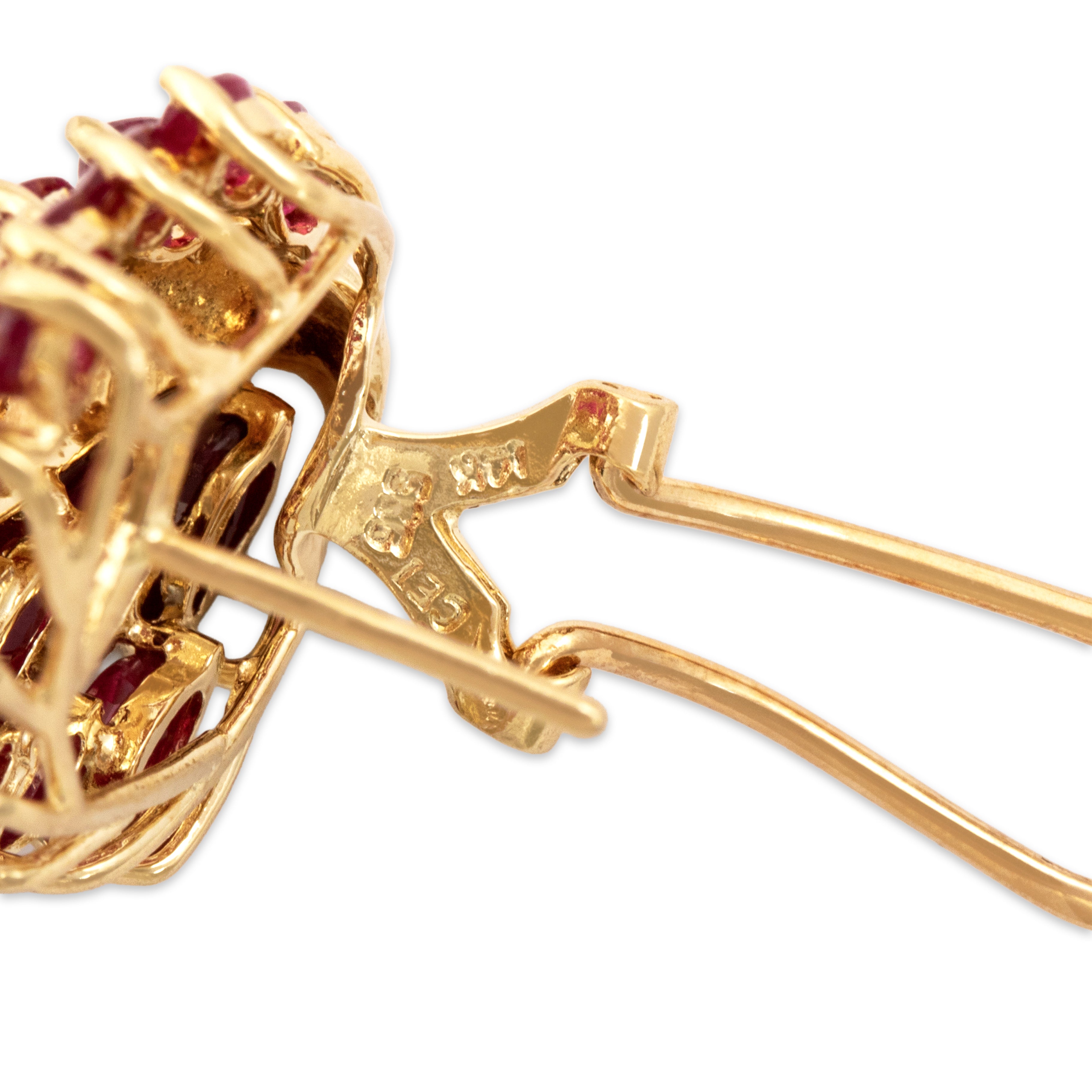 Vintage Large 14k Yellow Gold 3.75cttw Ruby Diamond Glimmering Flame Omega-Back Earrings - Hallmark view
