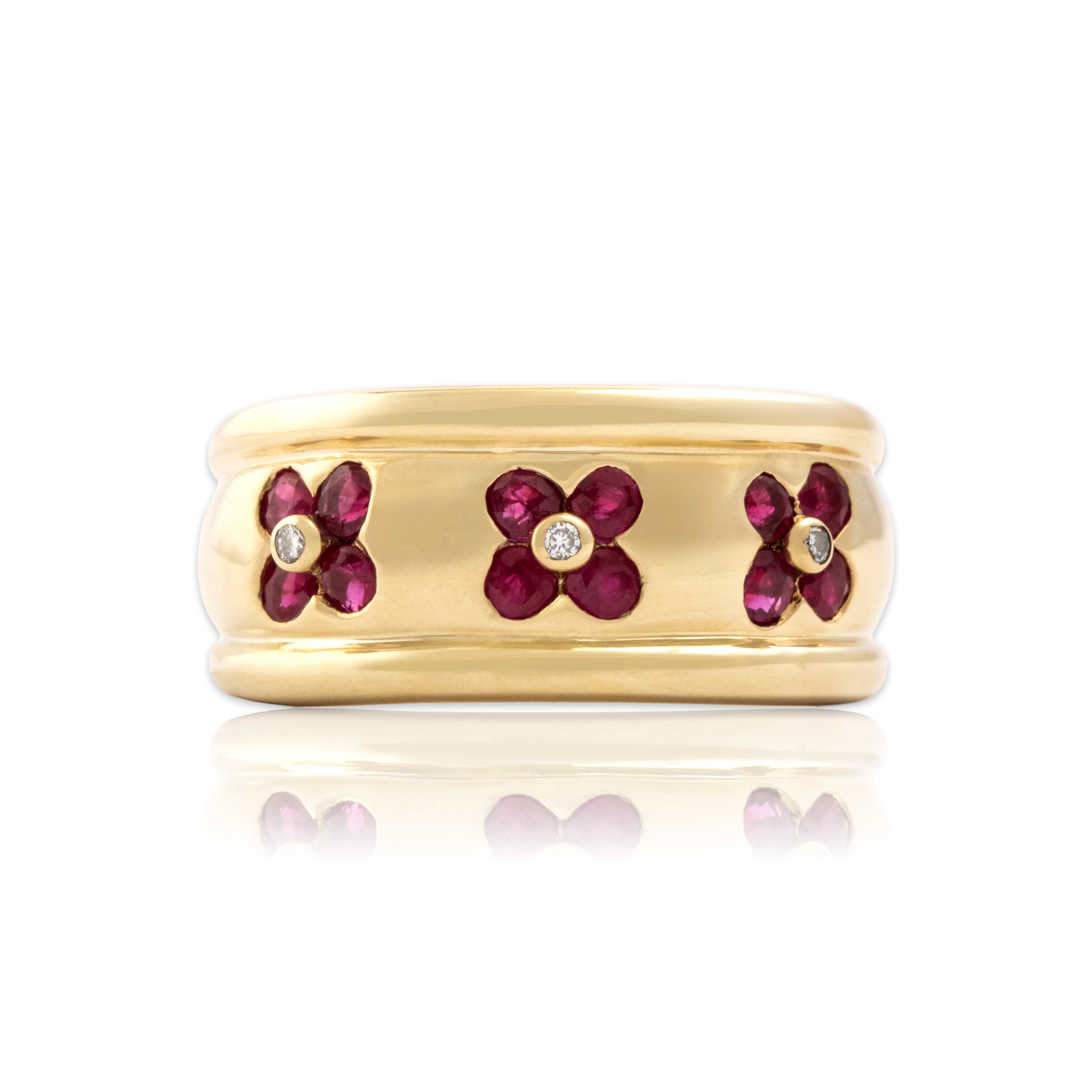 Vintage 14k Yellow Gold .71cttw Ruby Diamond Wide Gleaming Floral Trio Band Ring - Close-up view