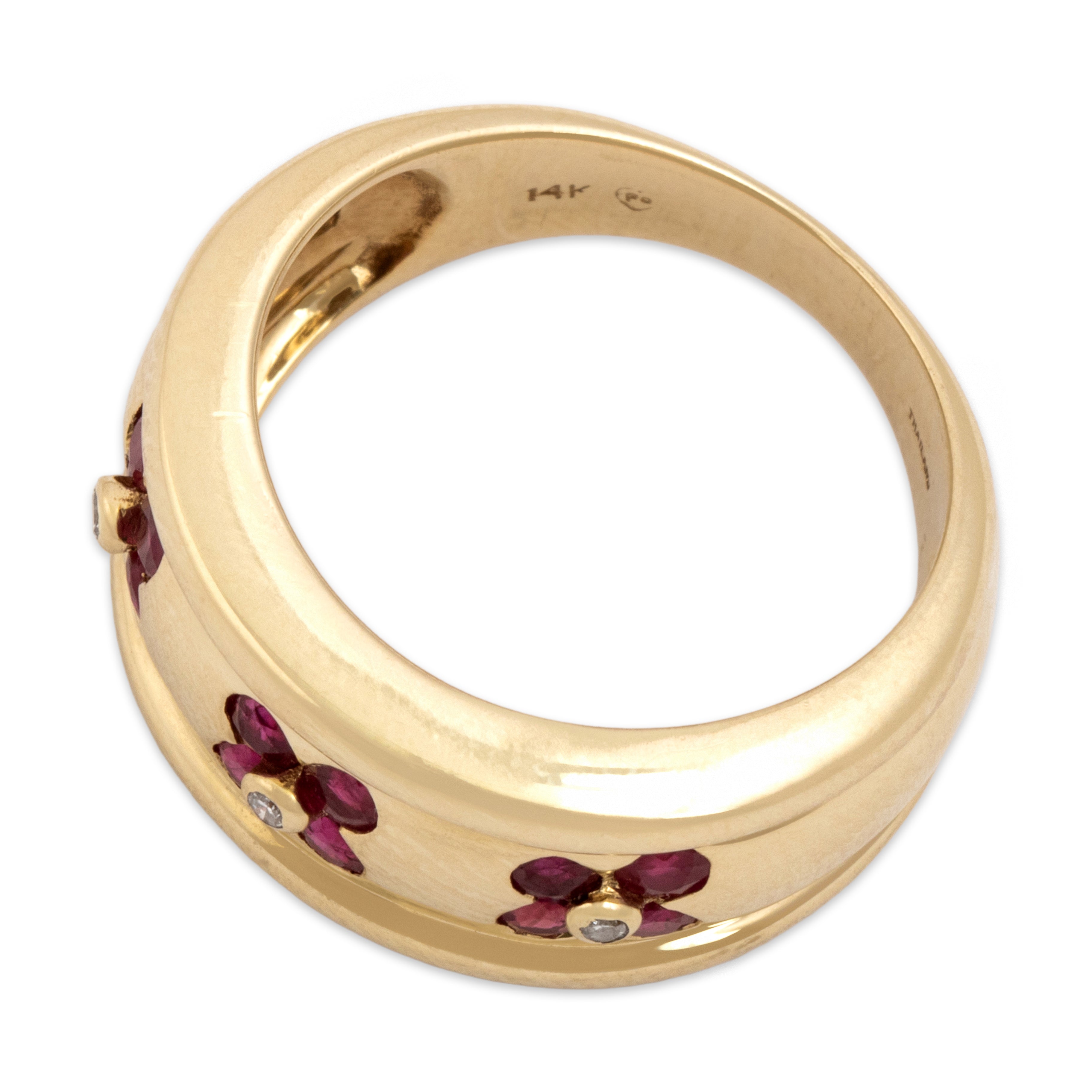 Vintage 14k Yellow Gold .71cttw Ruby Diamond Wide Gleaming Floral Trio Band Ring - Overall view
