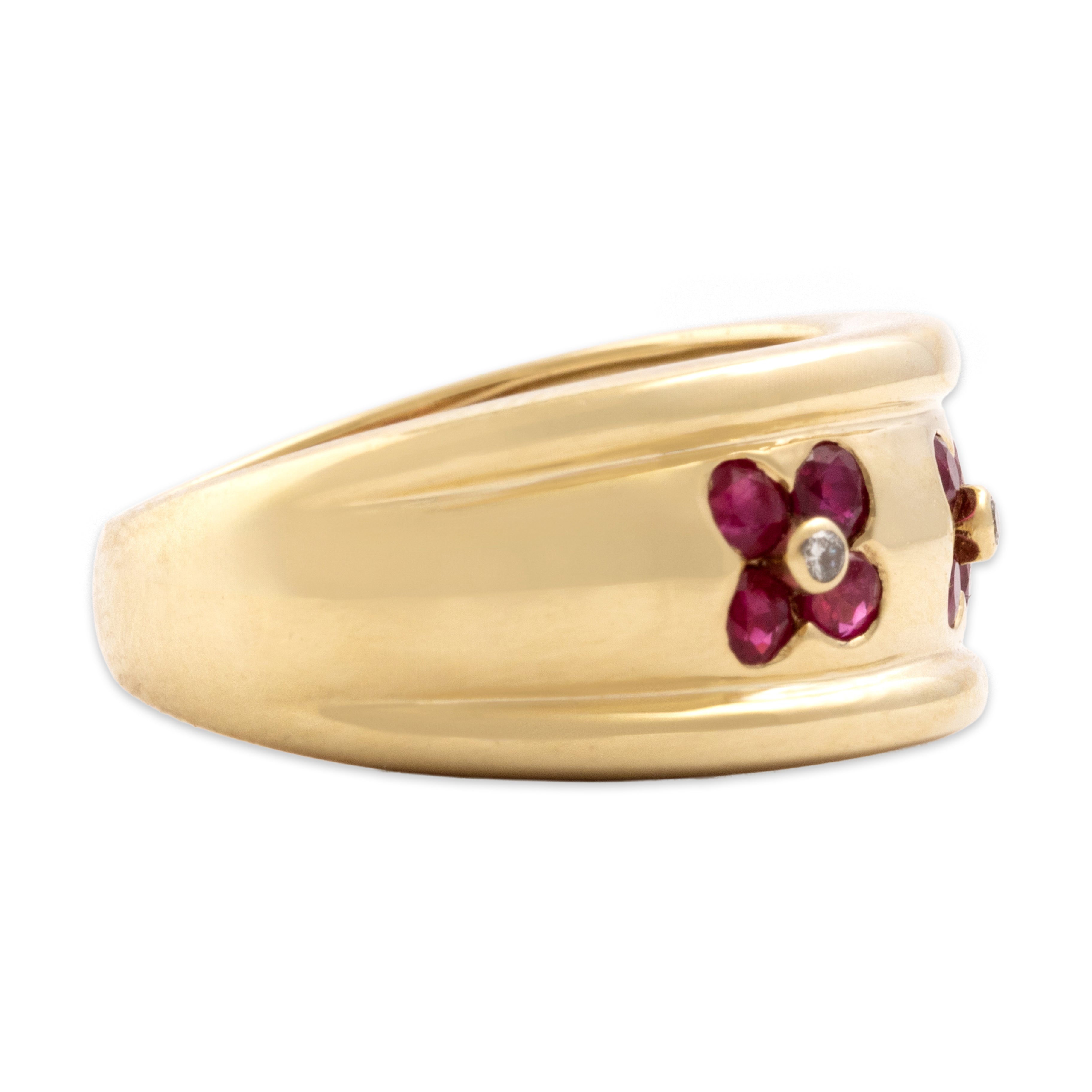 Vintage 14k Yellow Gold .71cttw Ruby Diamond Wide Gleaming Floral Trio Band Ring - Side view