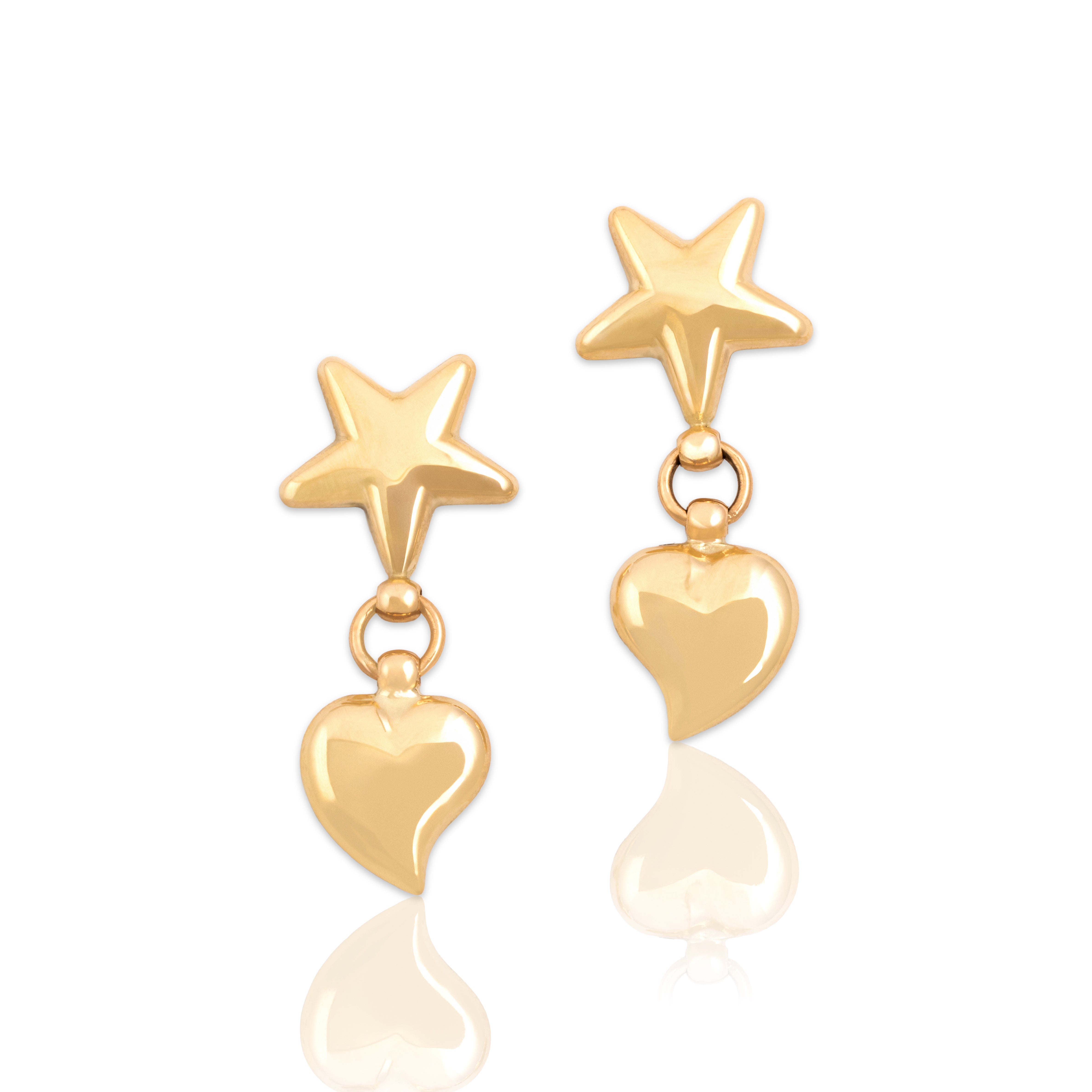 Vintage Italian 14k Yellow Gold Whimsical Puffy Heart Star Dangle Earrings - Close-up view