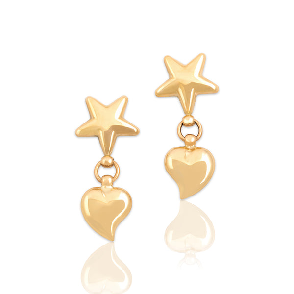 Vintage Italian 14k Yellow Gold Whimsical Puffy Heart Star Dangle Earrings