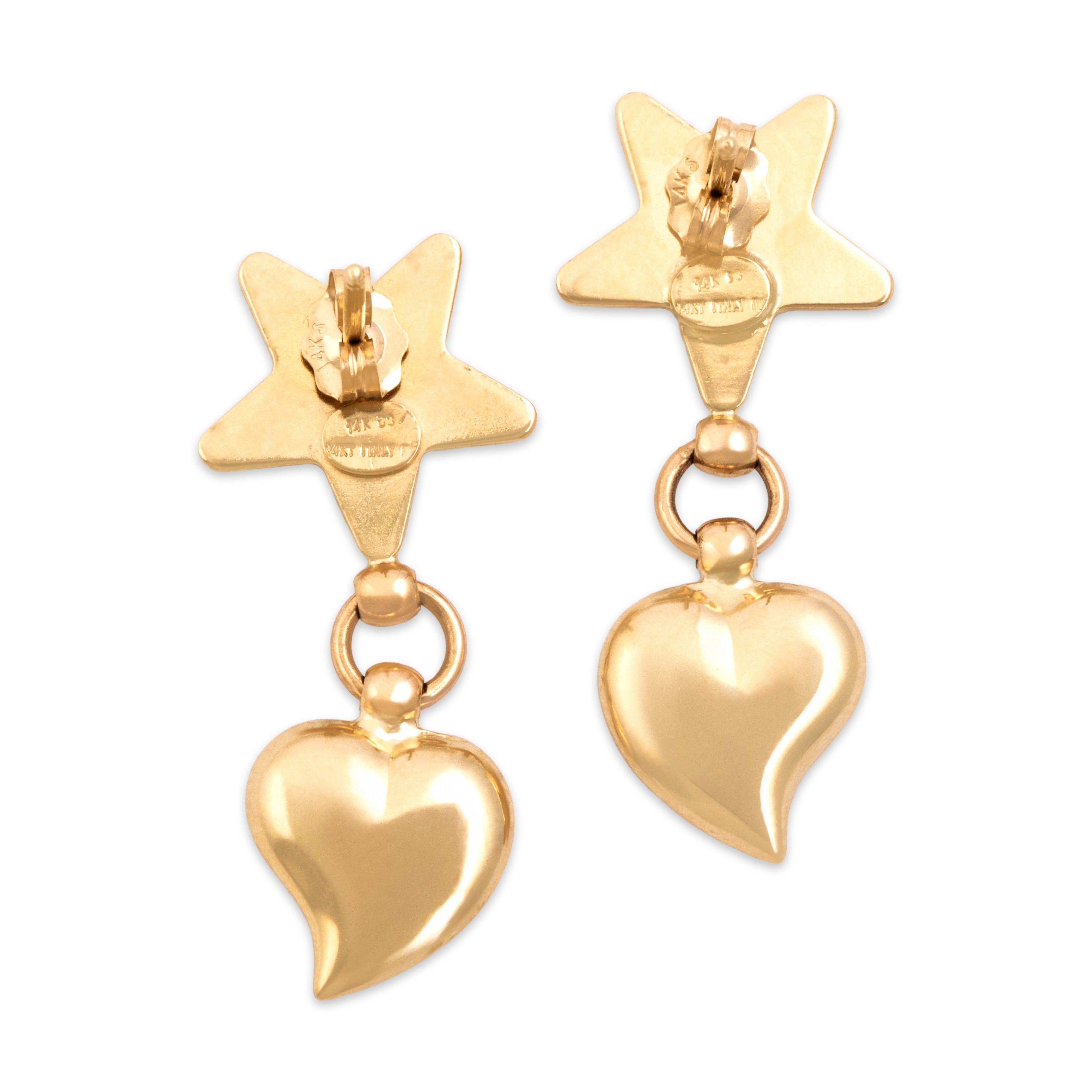 Vintage Italian 14k Yellow Gold Whimsical Puffy Heart Star Dangle Earrings - Back view