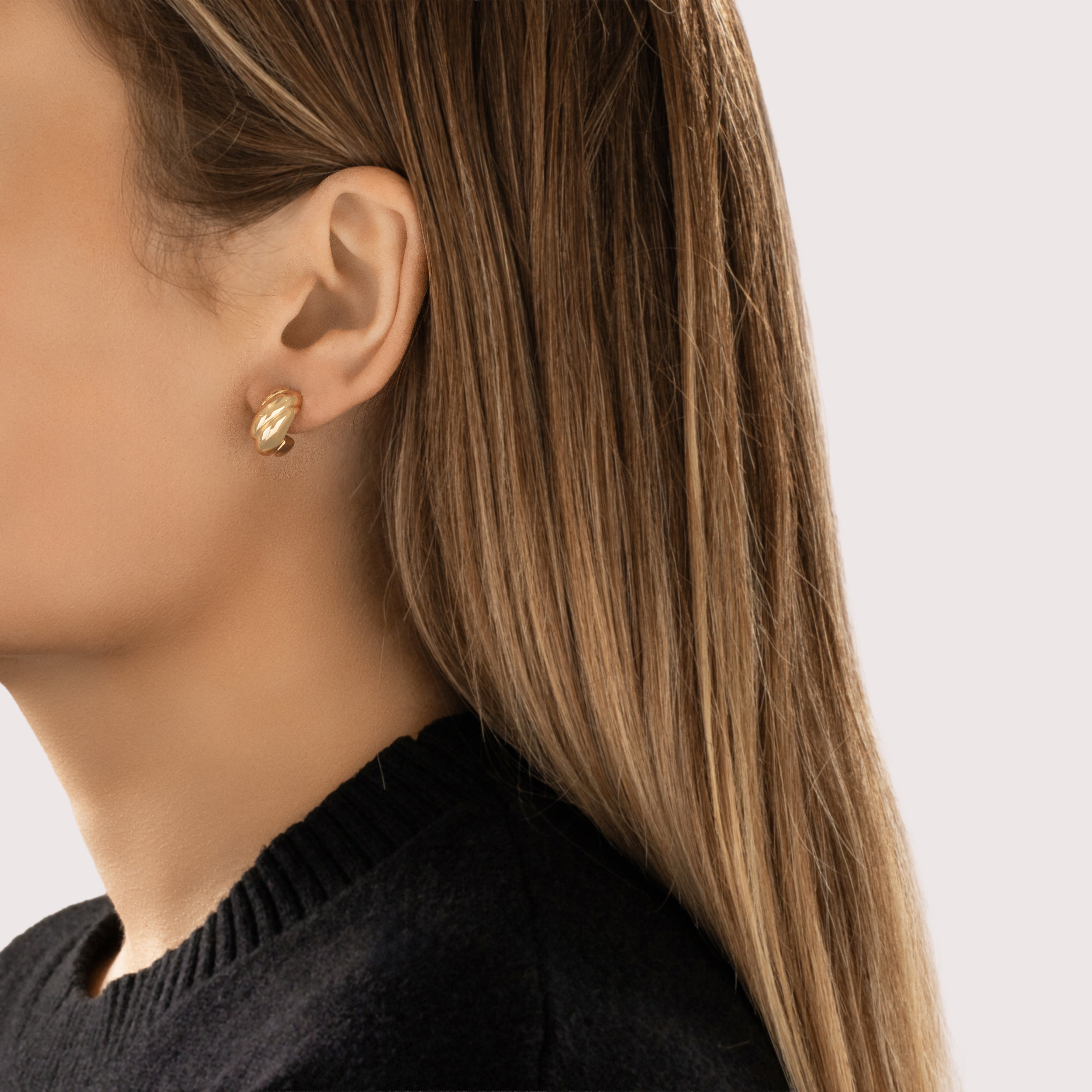 Vintage Lightweight 14k Yellow Gold Twisted Dome Half-Hoop Earrings - On model view