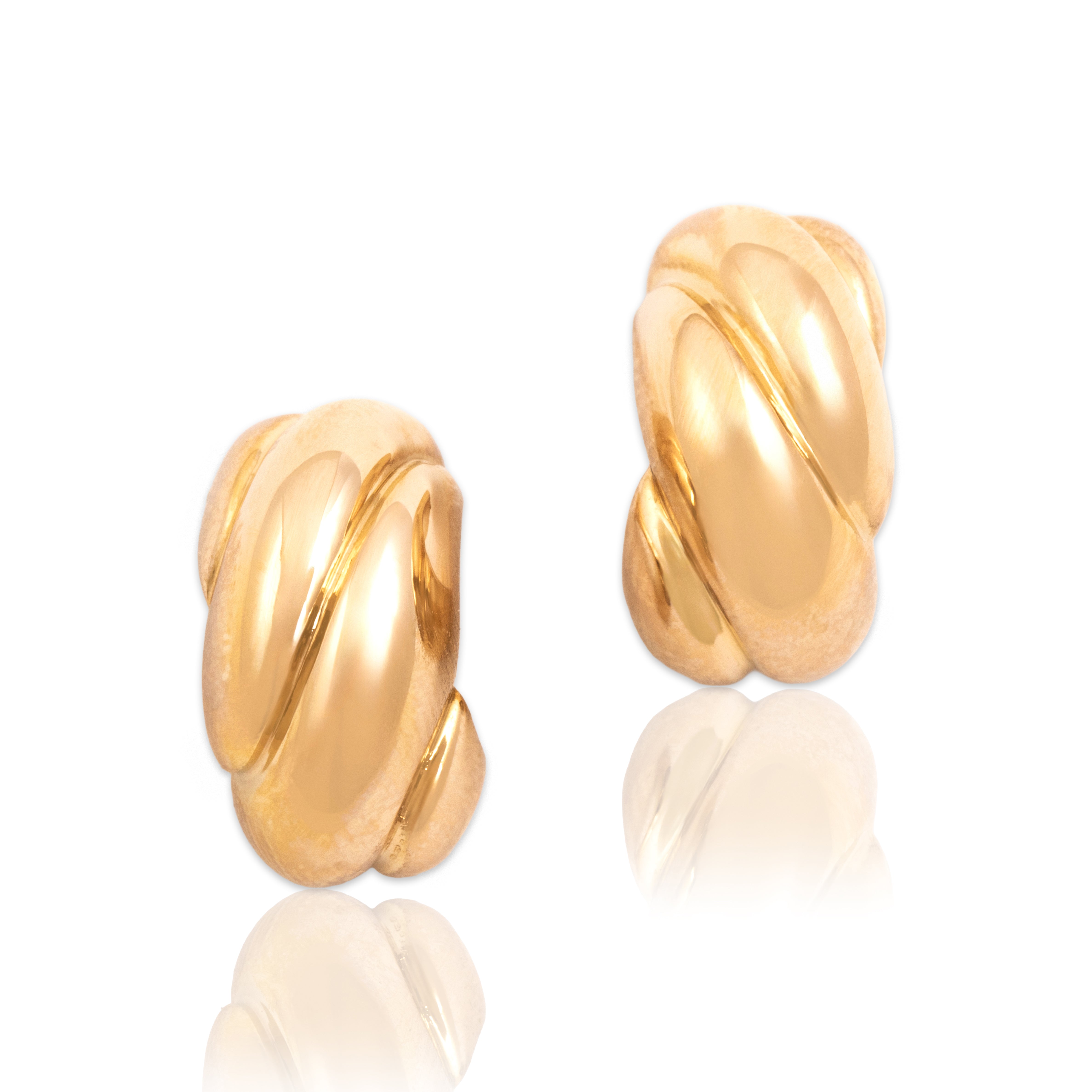 Vintage Lightweight 14k Yellow Gold Twisted Dome Half-Hoop Earrings - Close-up view