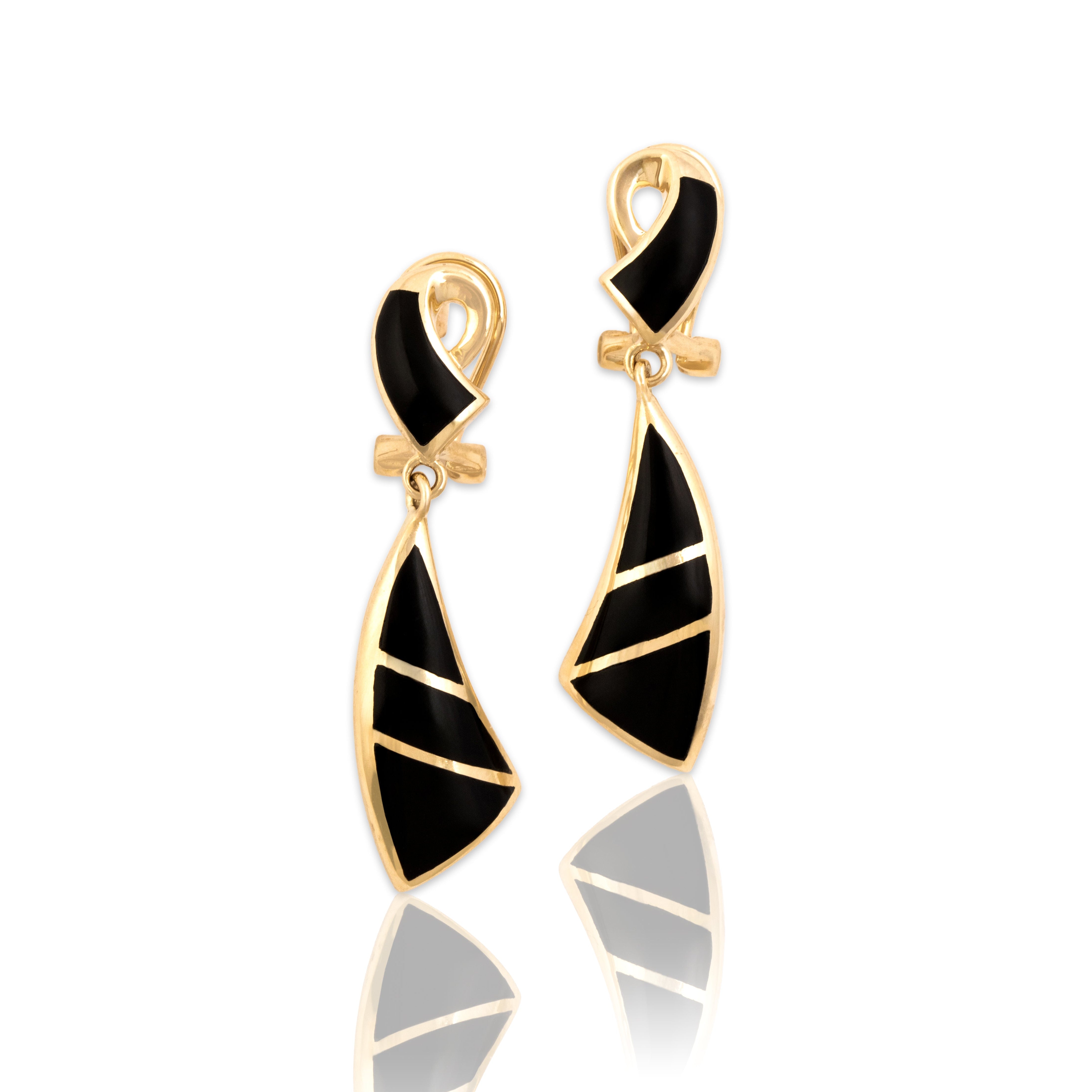 Vintage 14k Yellow Gold Onyx Sleek Inlay Dangle Omega-Back Earrings - Close-up view