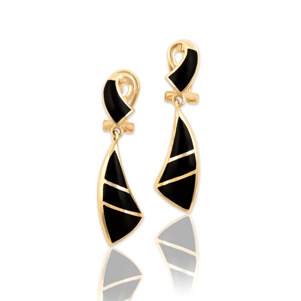Vintage 14k Yellow Gold Onyx Gleaming Geometric Inlay Dangle Earrings