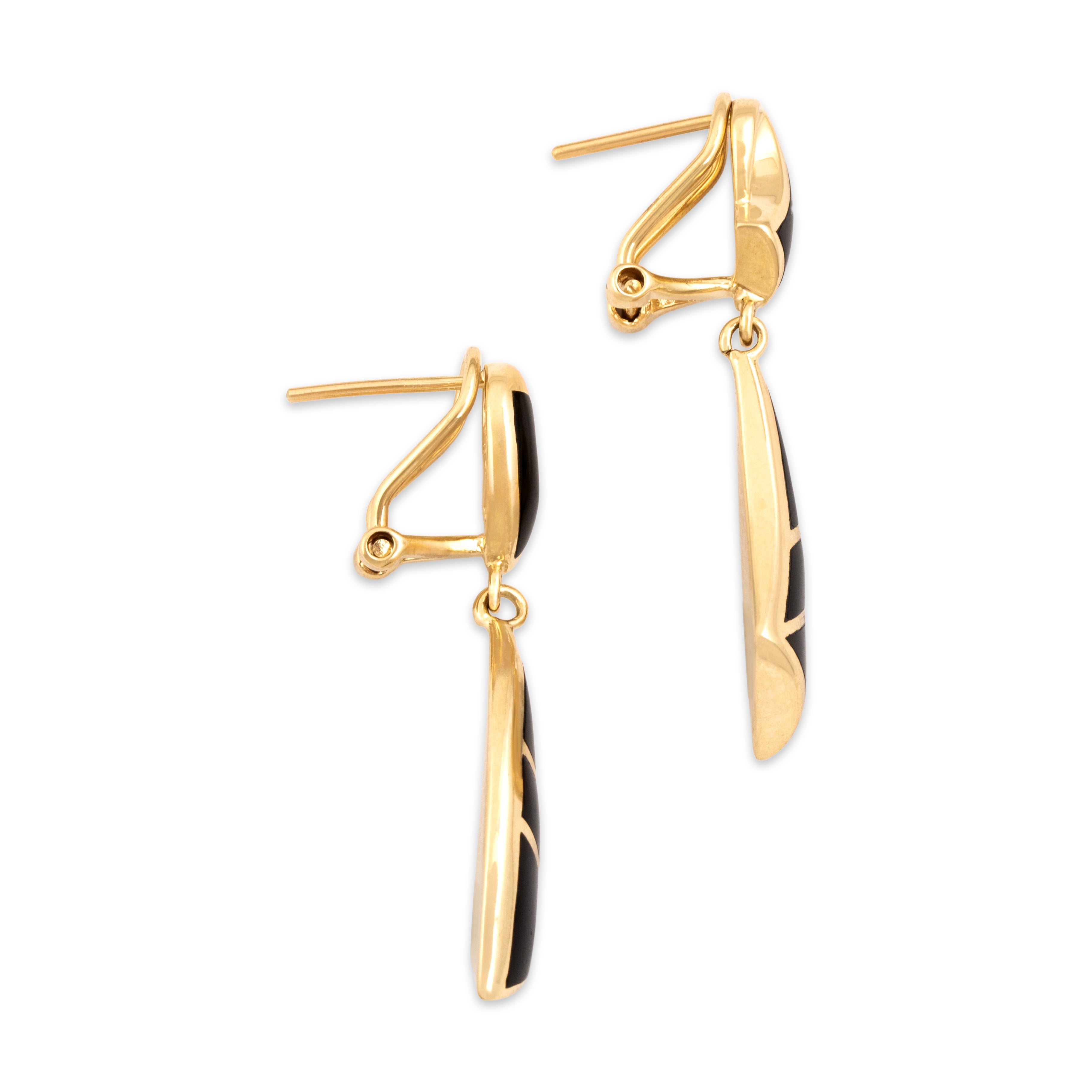Vintage 14k Yellow Gold Onyx Sleek Inlay Dangle Omega-Back Earrings - Side view