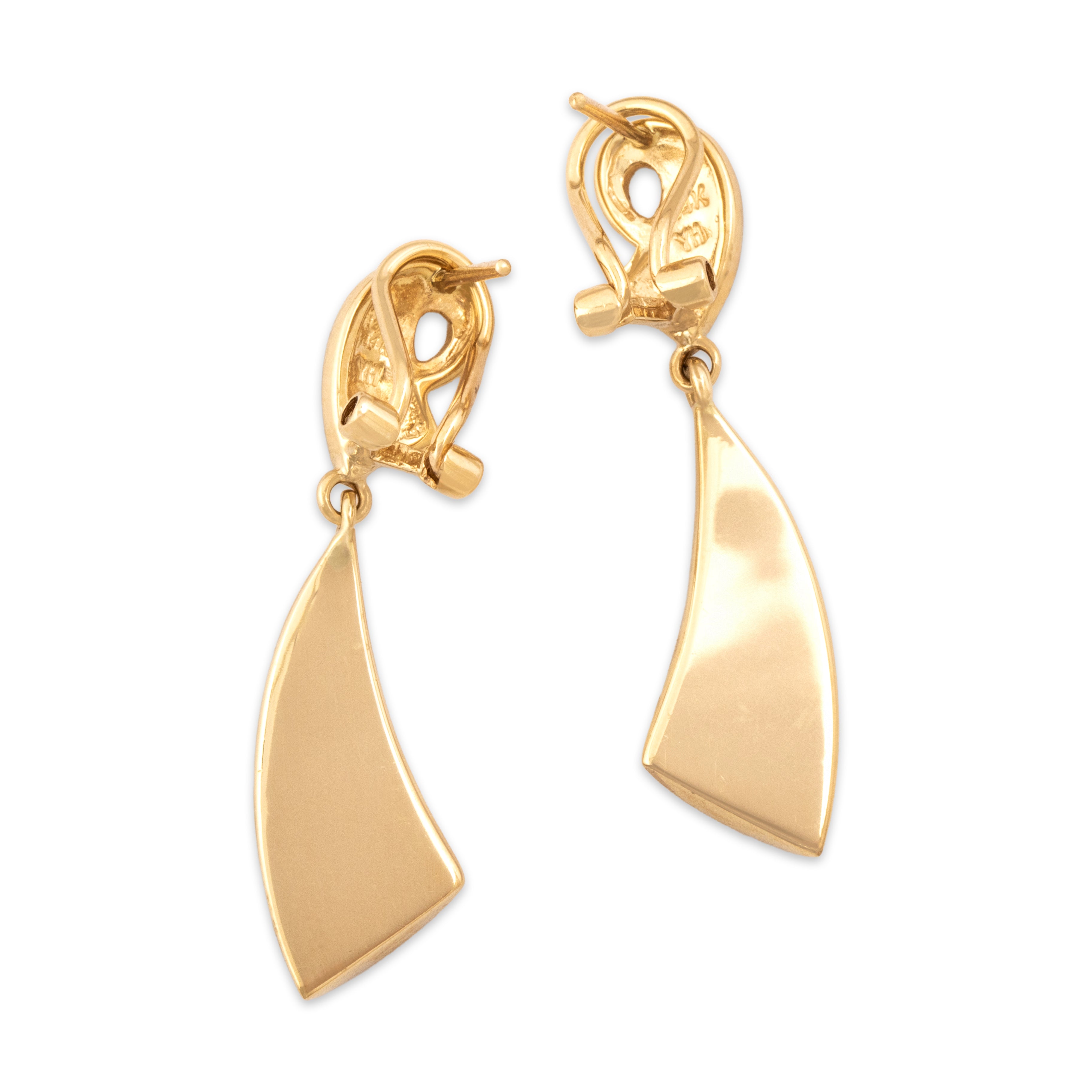 Vintage 14k Yellow Gold Onyx Sleek Inlay Dangle Omega-Back Earrings - Back view