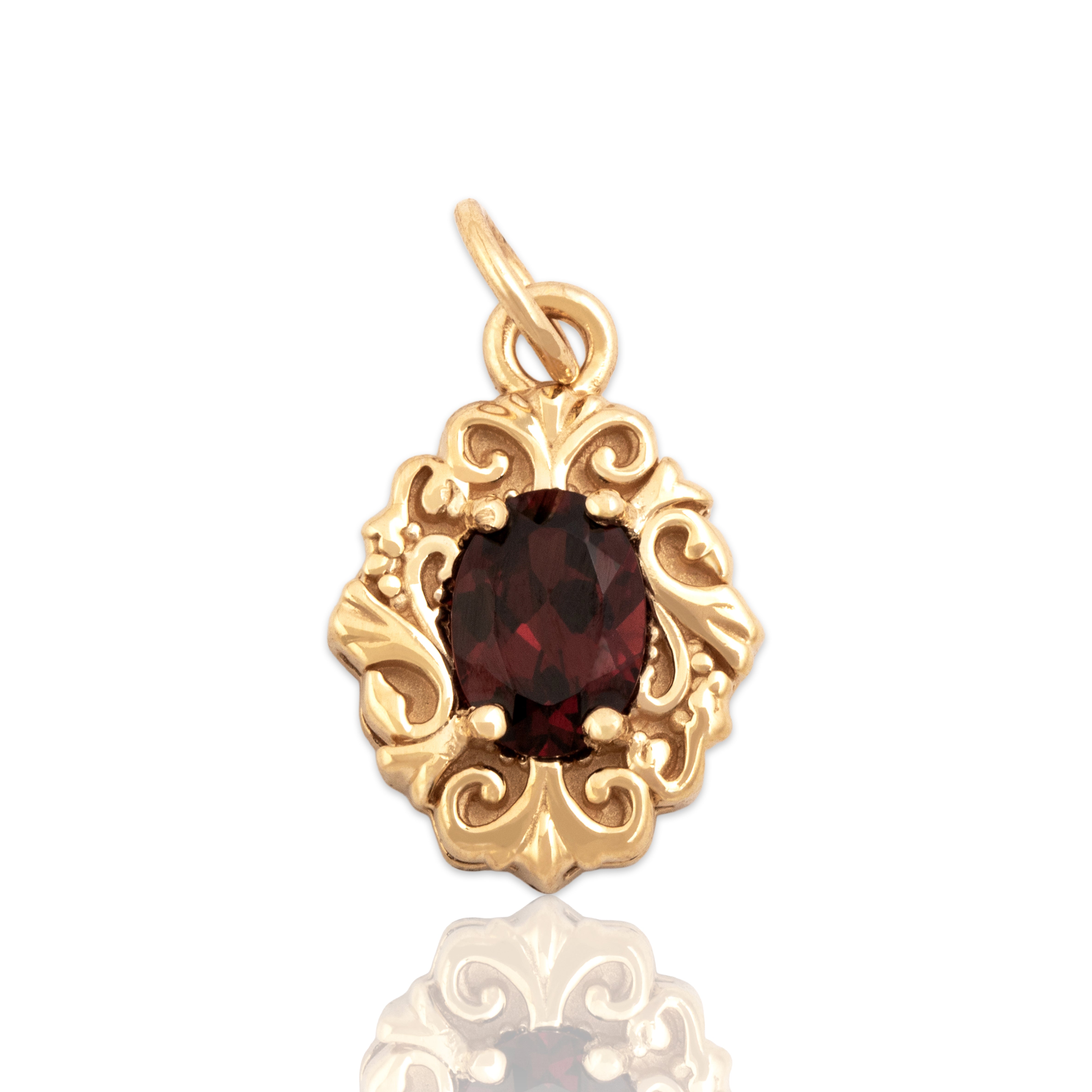 Vintage 14k Yellow Gold .84ct Garnet Ornate Scrolling Frame Charm / Pendant - Close-up view