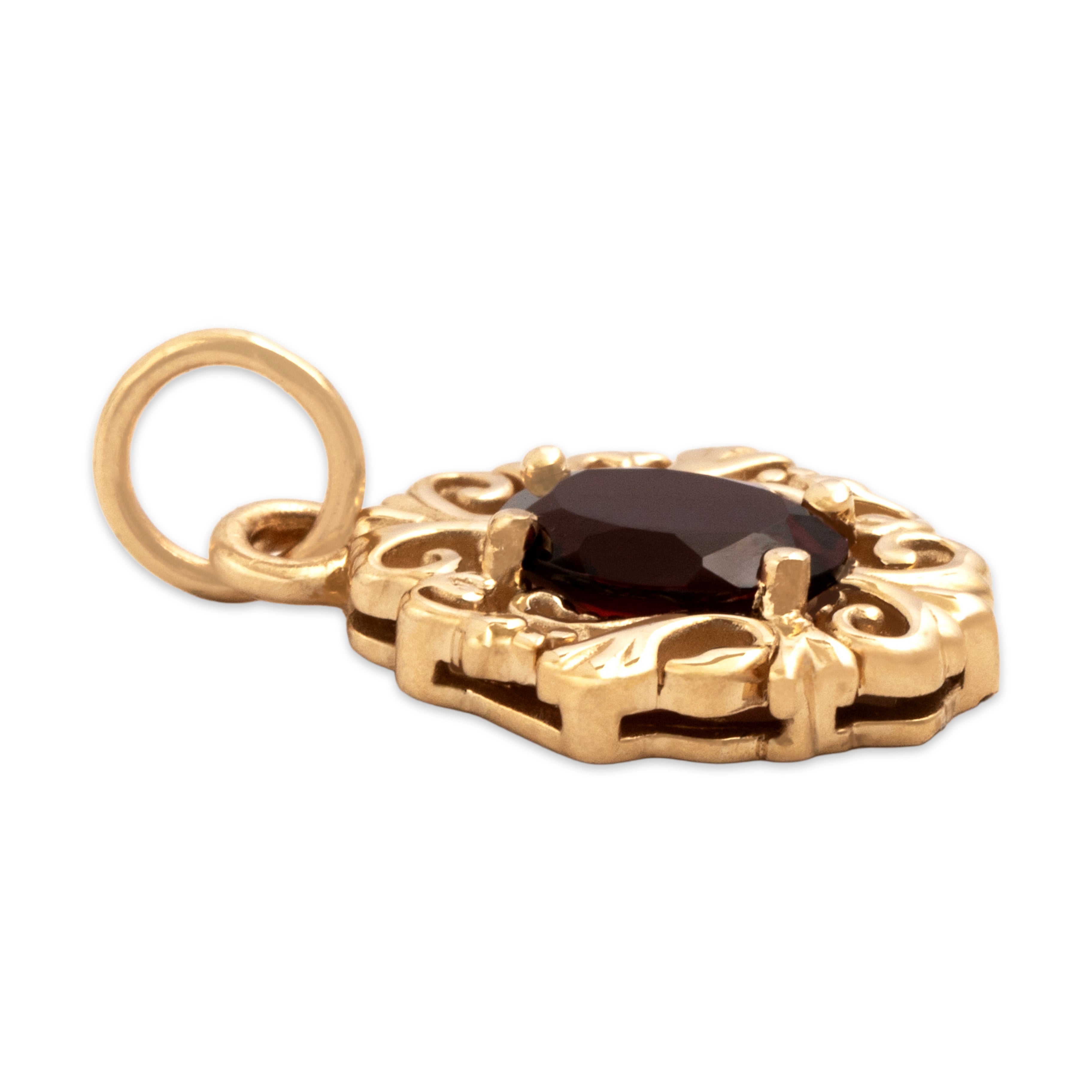 Vintage 14k Yellow Gold .84ct Garnet Ornate Scrolling Frame Charm / Pendant - Side view
