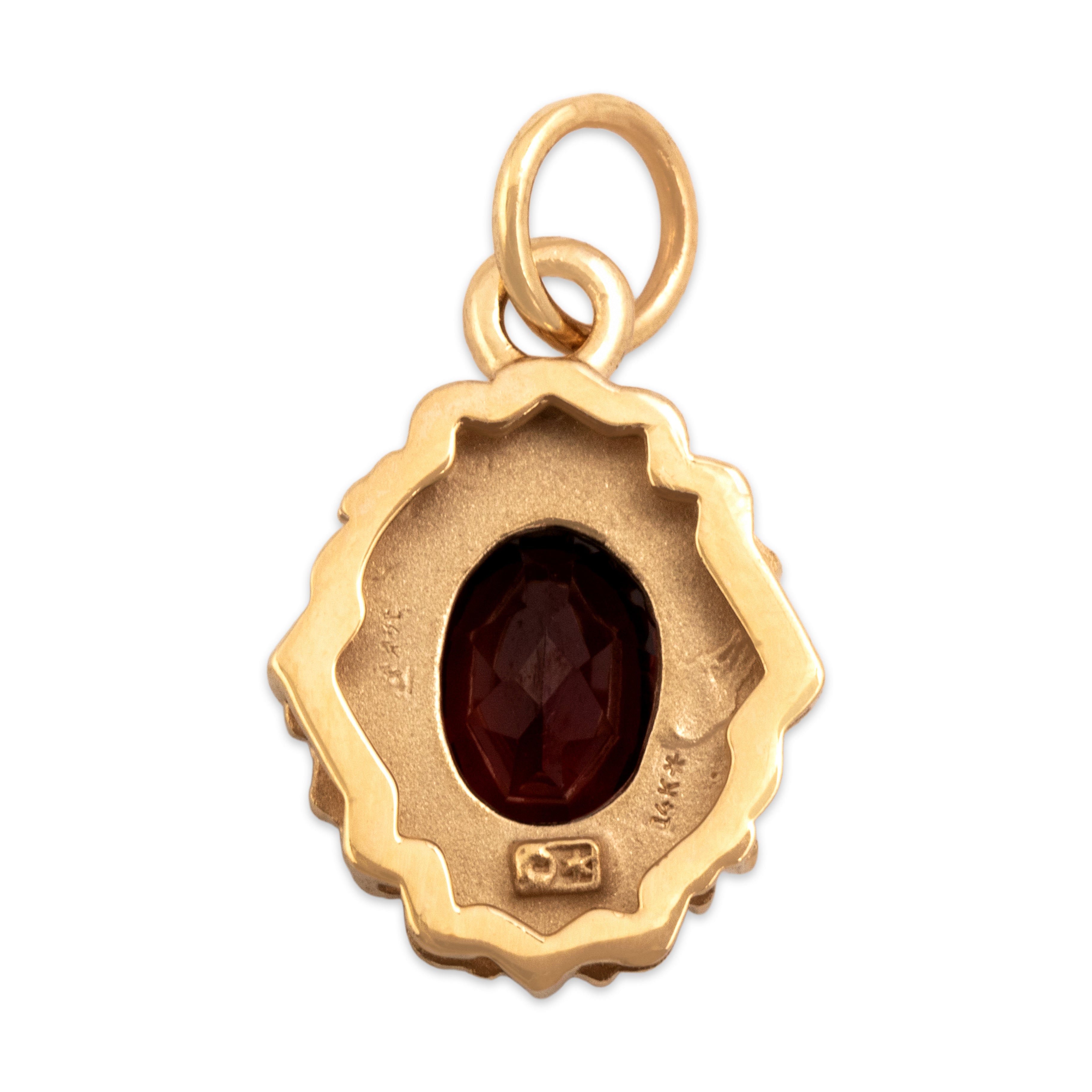 Vintage 14k Yellow Gold .84ct Garnet Ornate Scrolling Frame Charm / Pendant - Back view