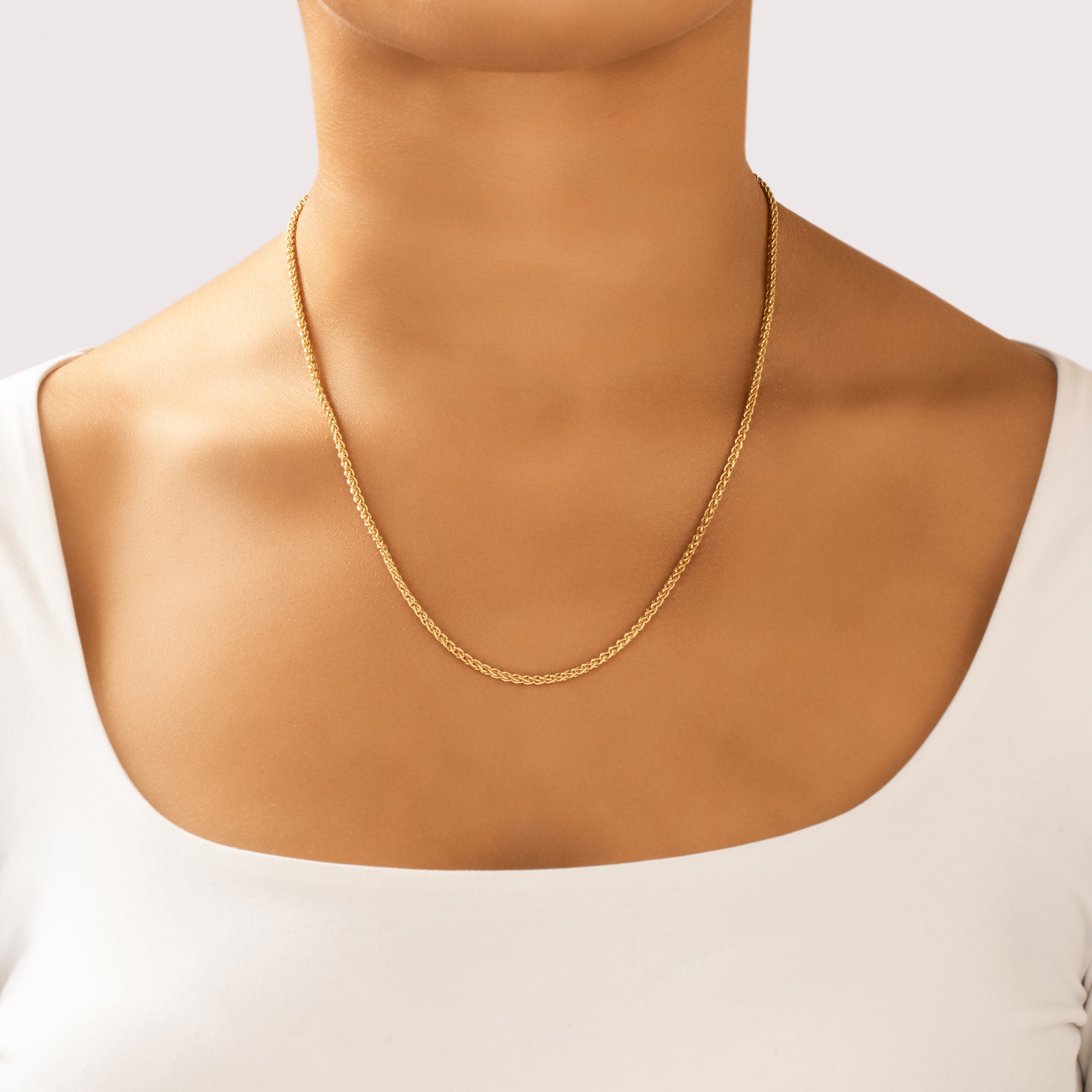Vintage Italian Substantial 14k Yellow Gold Wheat 2.5mm Chain - On model view