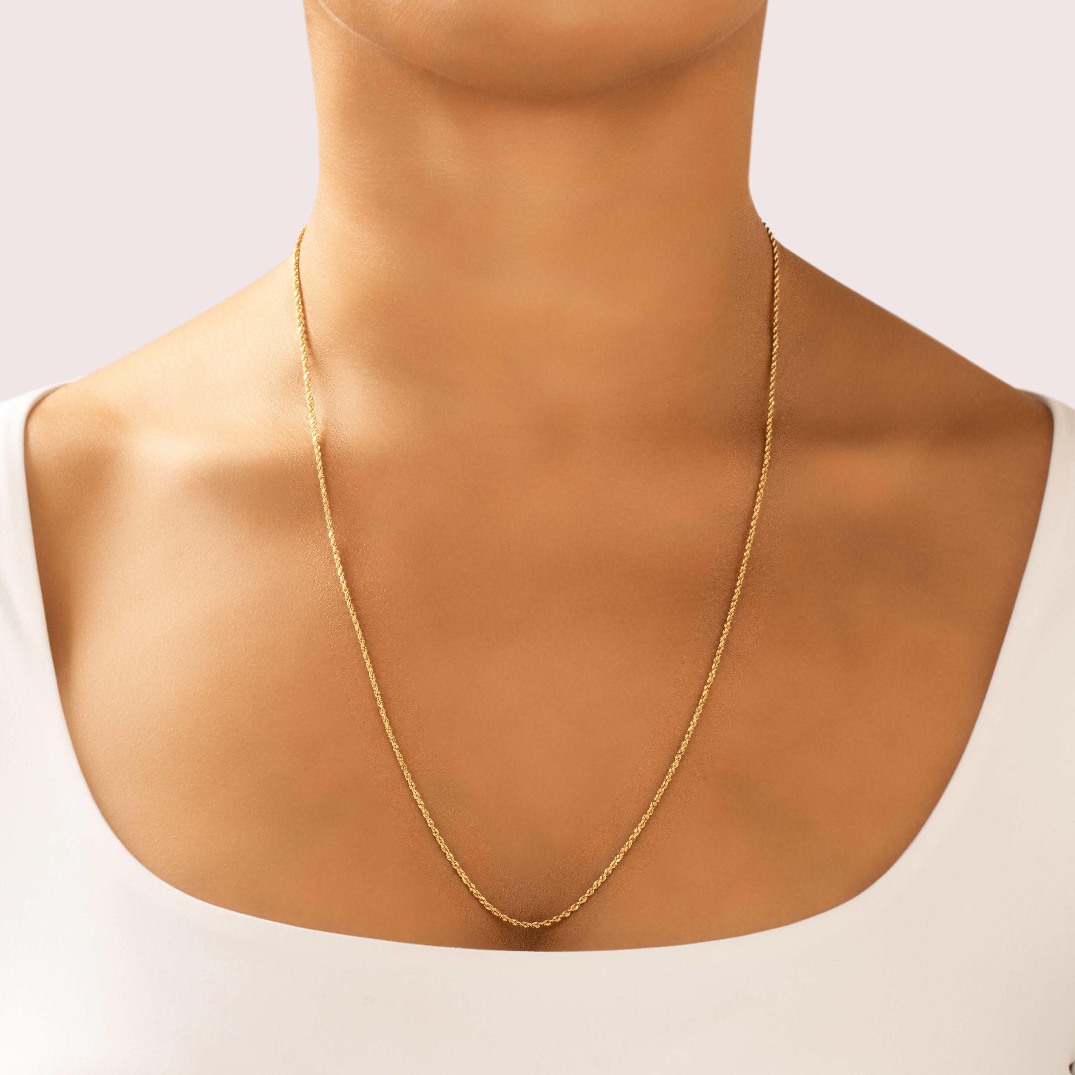 Vintage 14k Yellow Gold Classic Long Twisting Rope 1.6mm Chain - On model view