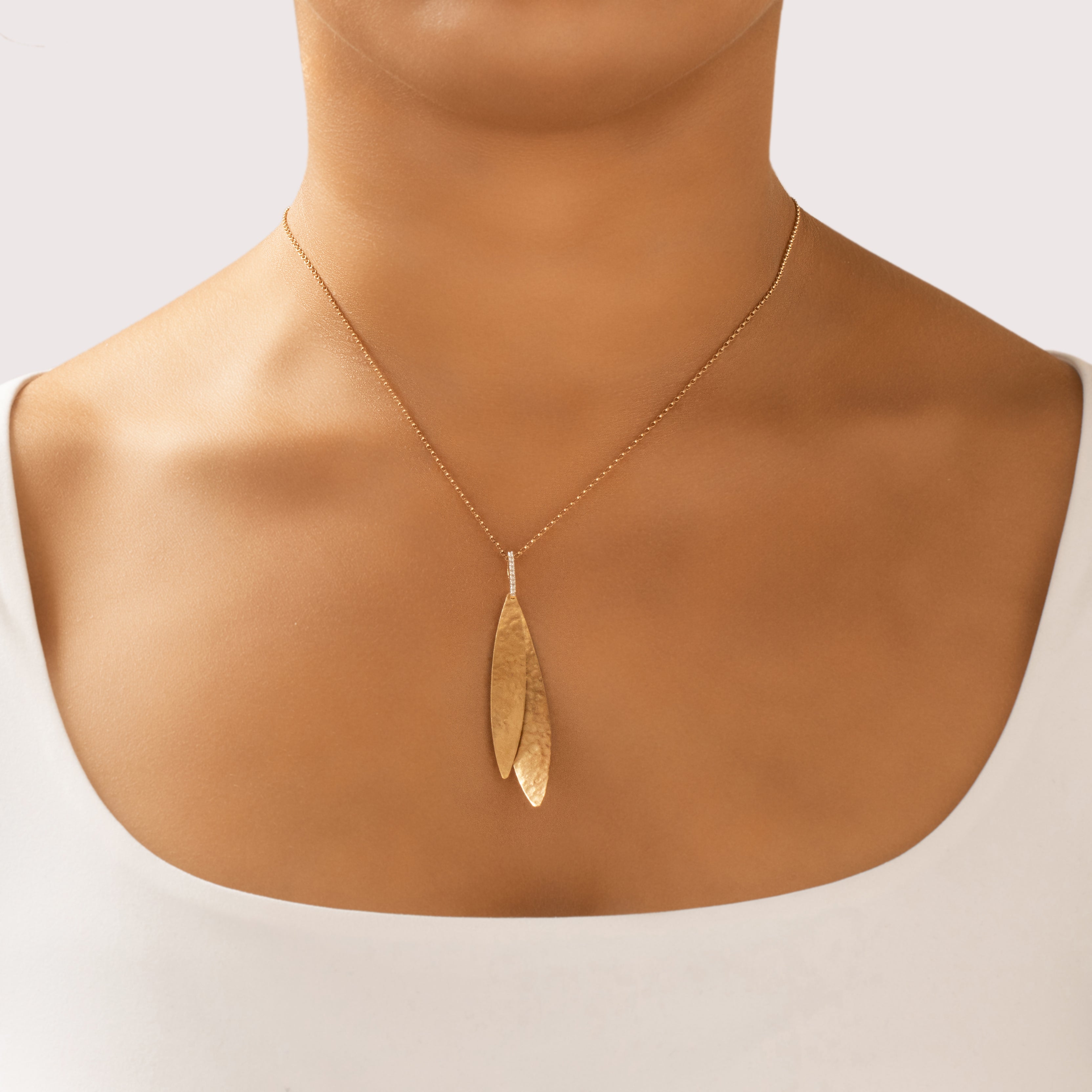 Vintage Large 14k Yellow Gold Diamond Chic Textured Duo Dangle Pendant  - On model view