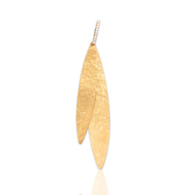 Vintage Large 14k Yellow Gold Diamond Hammered Waving Leaf Dangle Pendant