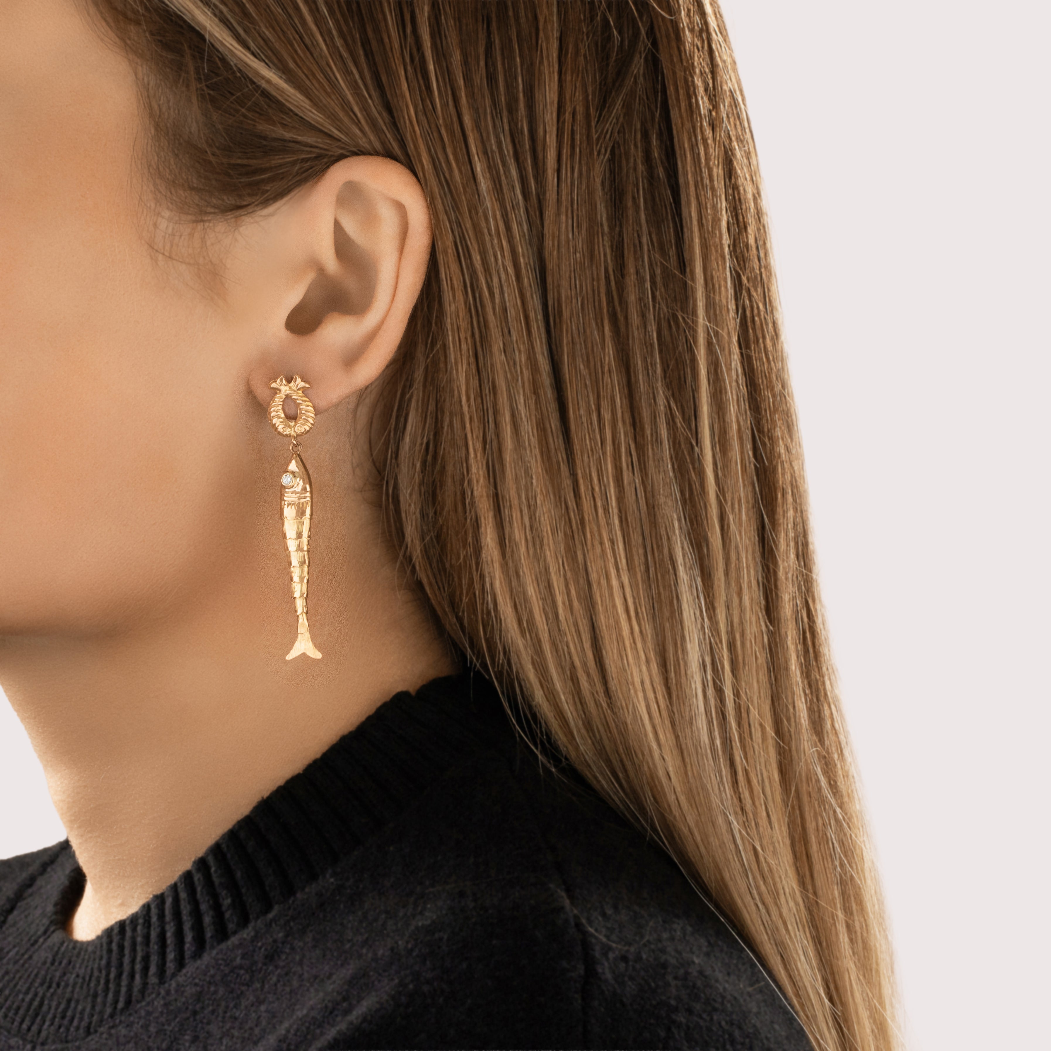 Vintage Portuguese Large 19k Rosy Yellow Gold Diamond Articulated Fish Dangle Earrings - On model view
