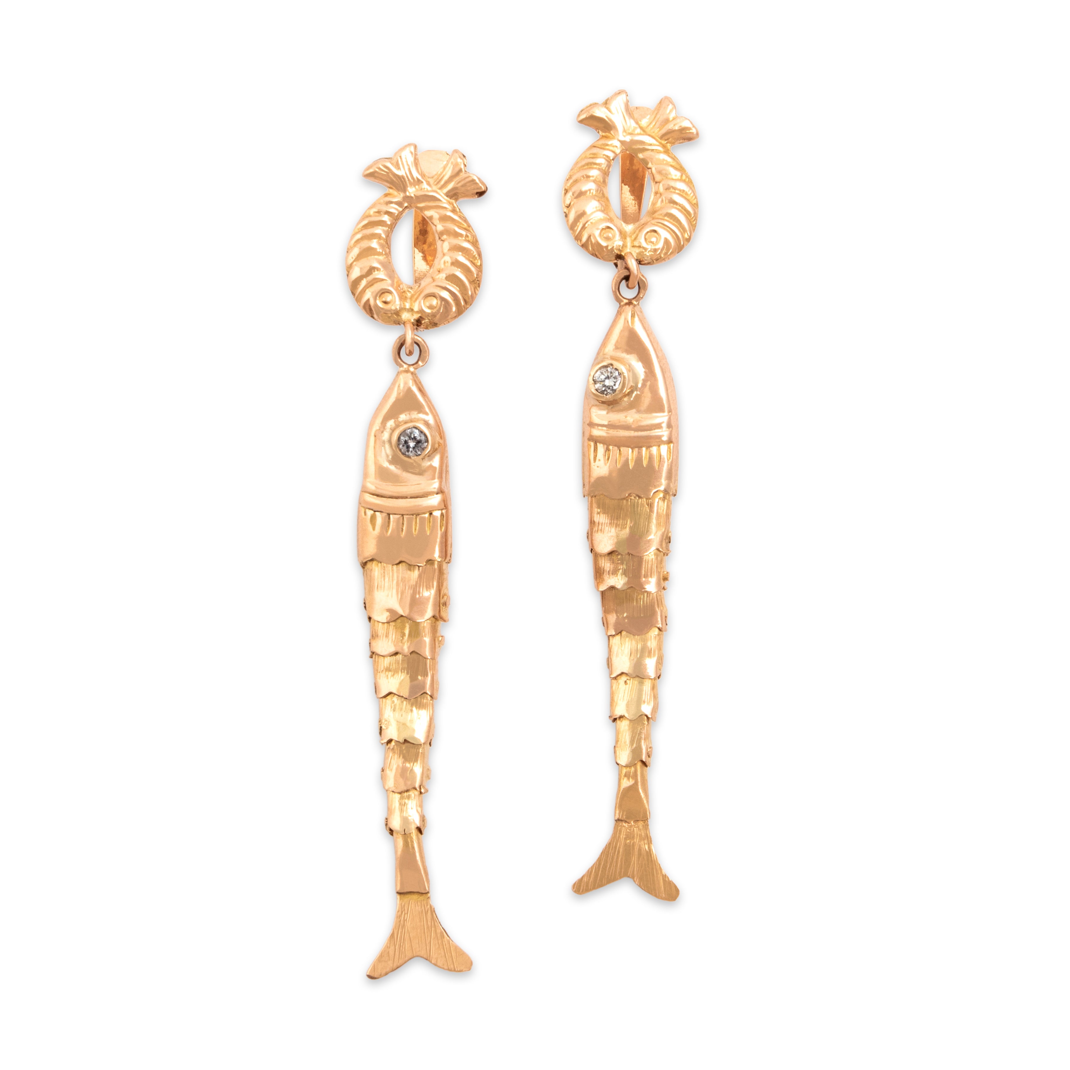 Vintage Portuguese Large 19k Rosy Yellow Gold Diamond Articulated Fish Earrings