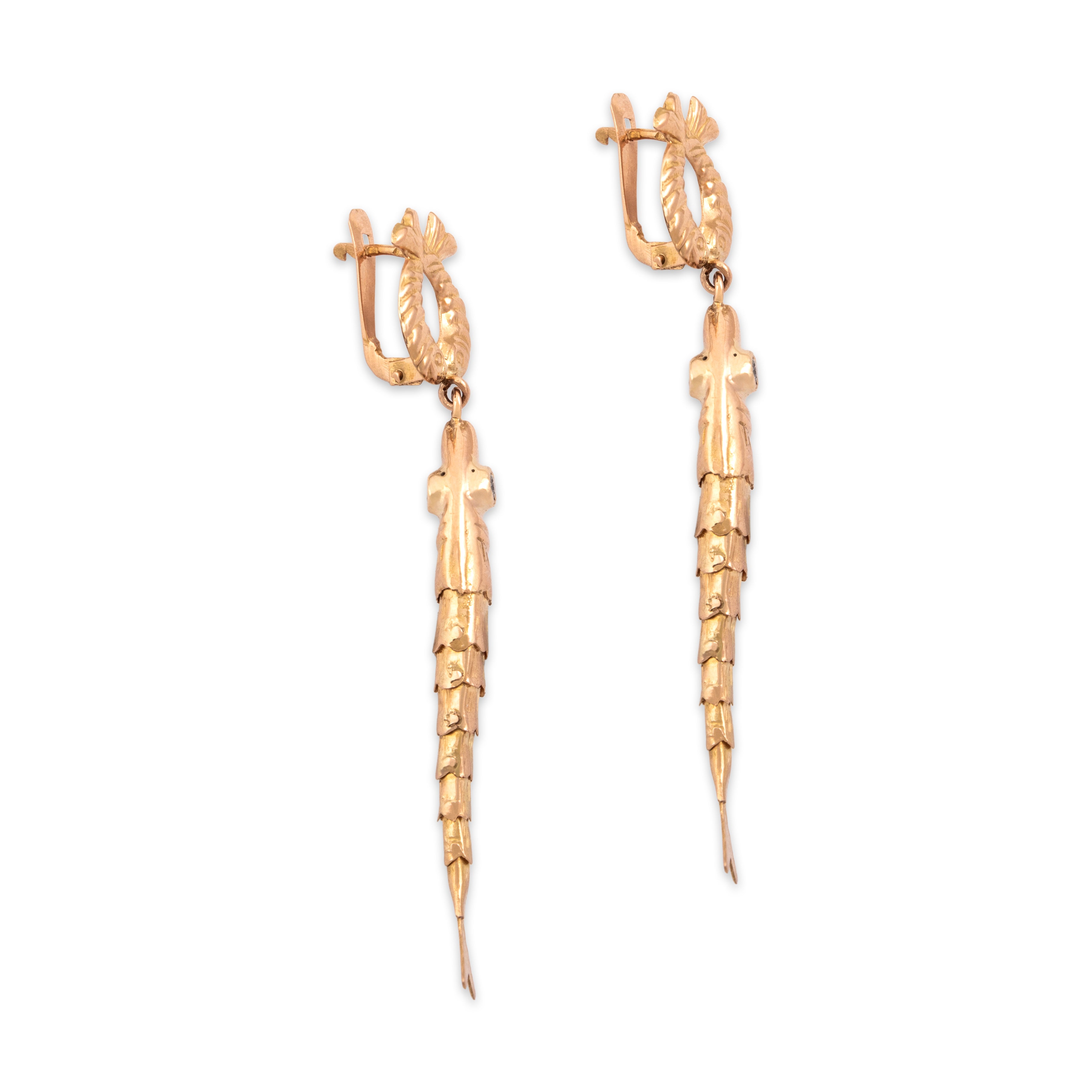 Vintage Portuguese Large 19k Rosy Yellow Gold Diamond Articulated Fish Dangle Earrings - Side view