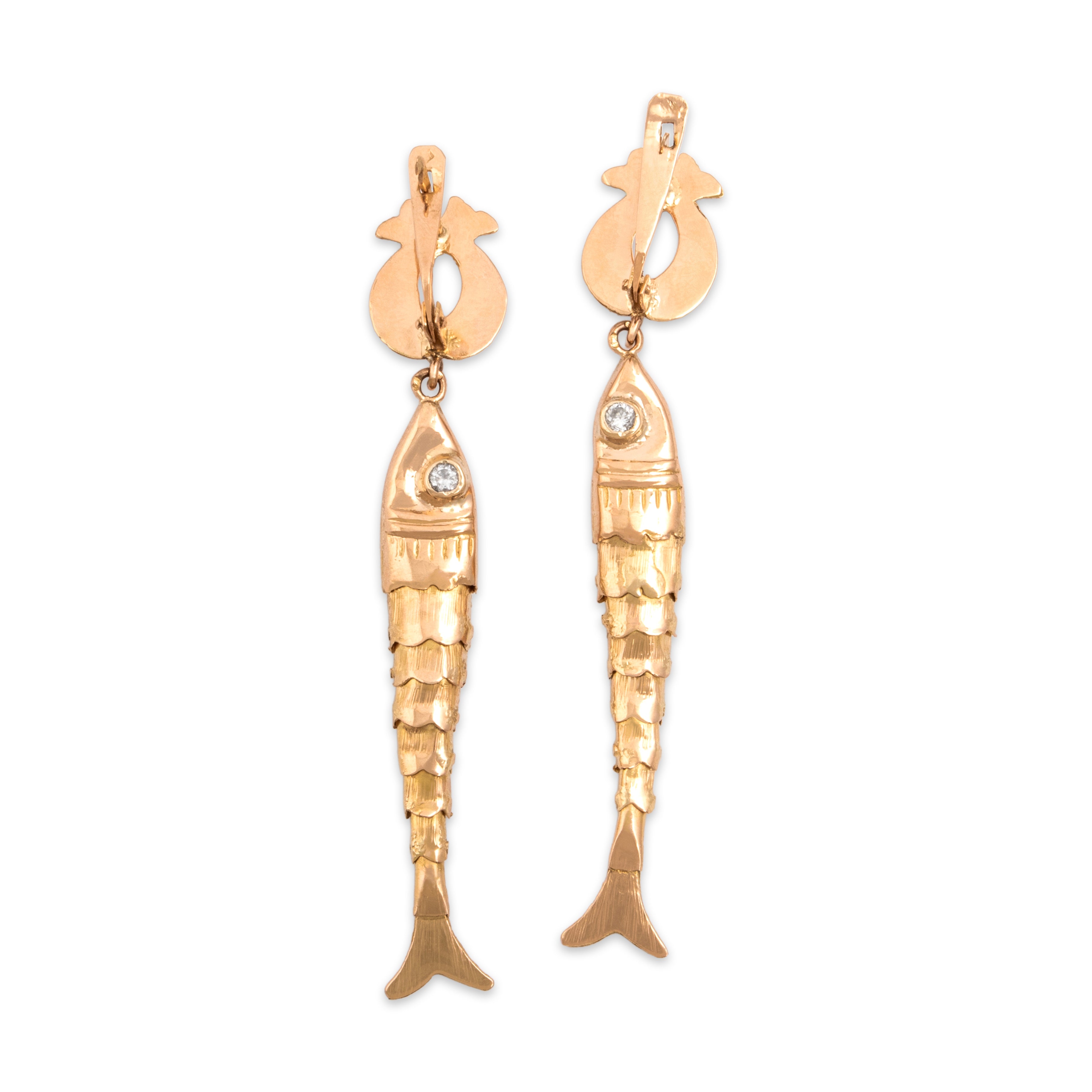 Vintage Portuguese Large 19k Rosy Yellow Gold Diamond Articulated Fish Dangle Earrings -Back view