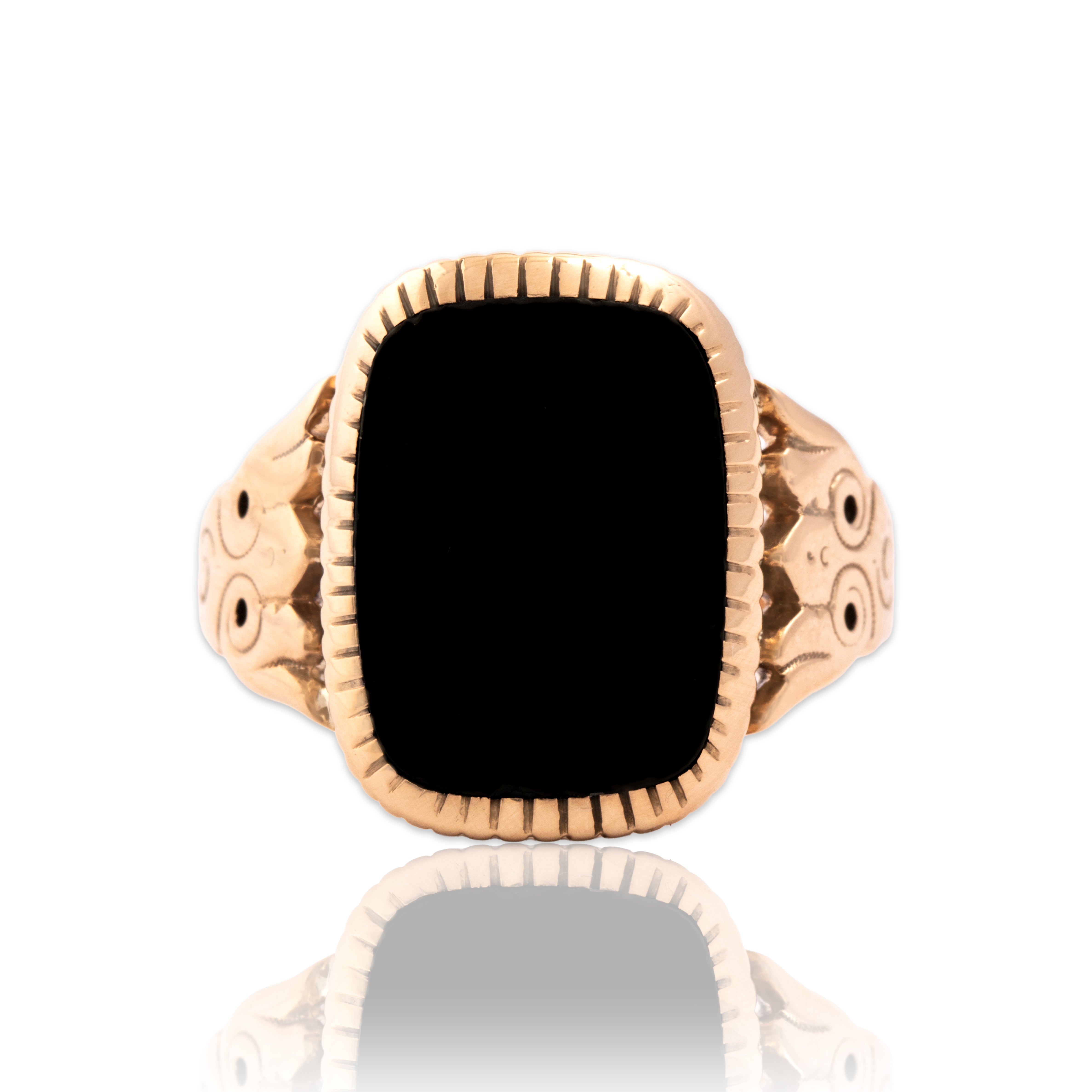 Antique Victorian 14k Rosy Yellow Gold Black Banded Agate Wonderful Rounded Decorated Shoulder Signet Ring - Close-up view