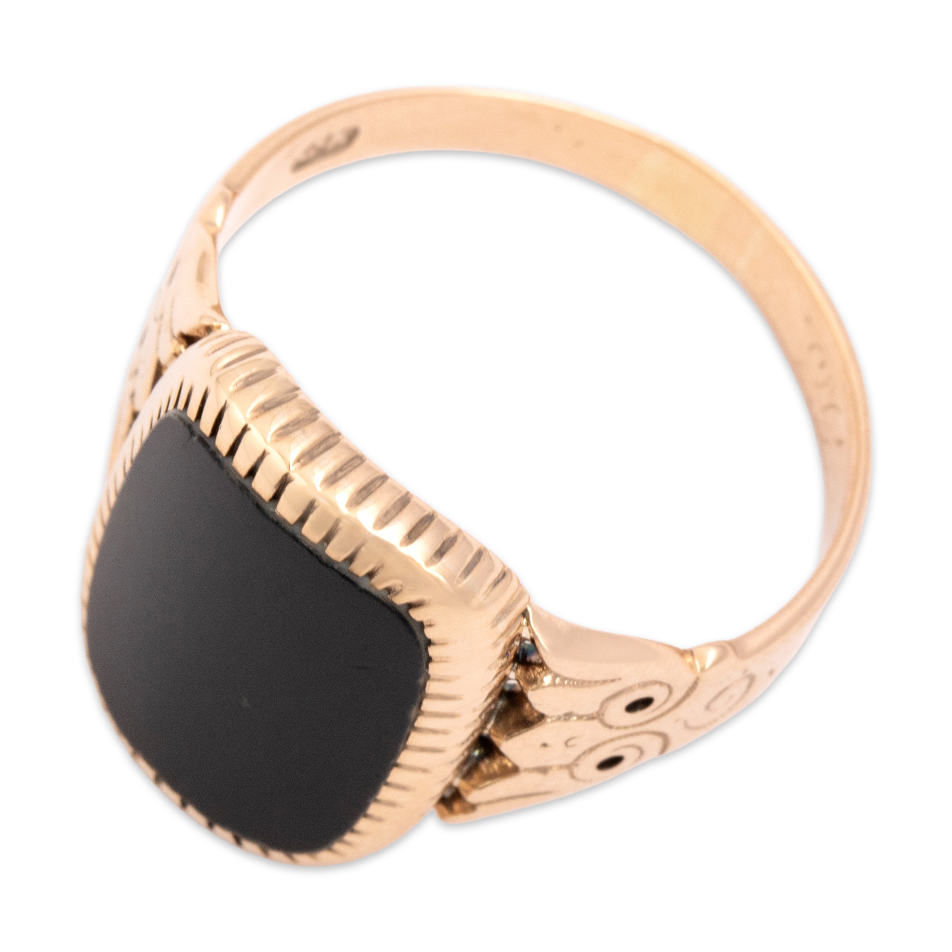 Antique Victorian 14k Rosy Yellow Gold Black Banded Agate Wonderful Rounded Decorated Shoulder Signet Ring -Overall view