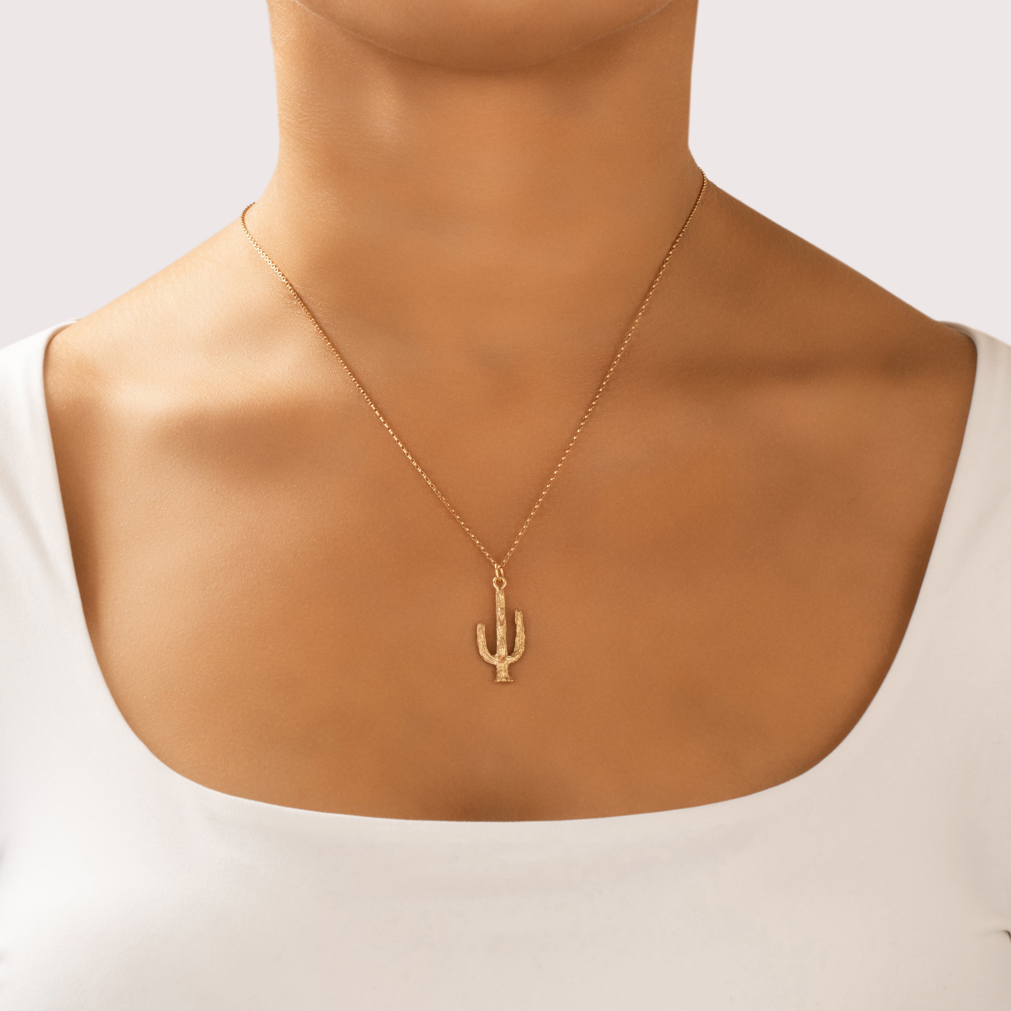 Vintage 14k Yellow Gold Dimensional Textured Saguaro Cactus Charm / Pendant - On model view
