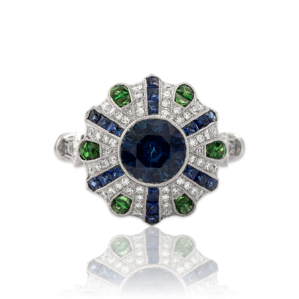 New Platinum 1.99cttw Sapphire Tsavorite Garnet Diamond Exceptional Ring 6.50