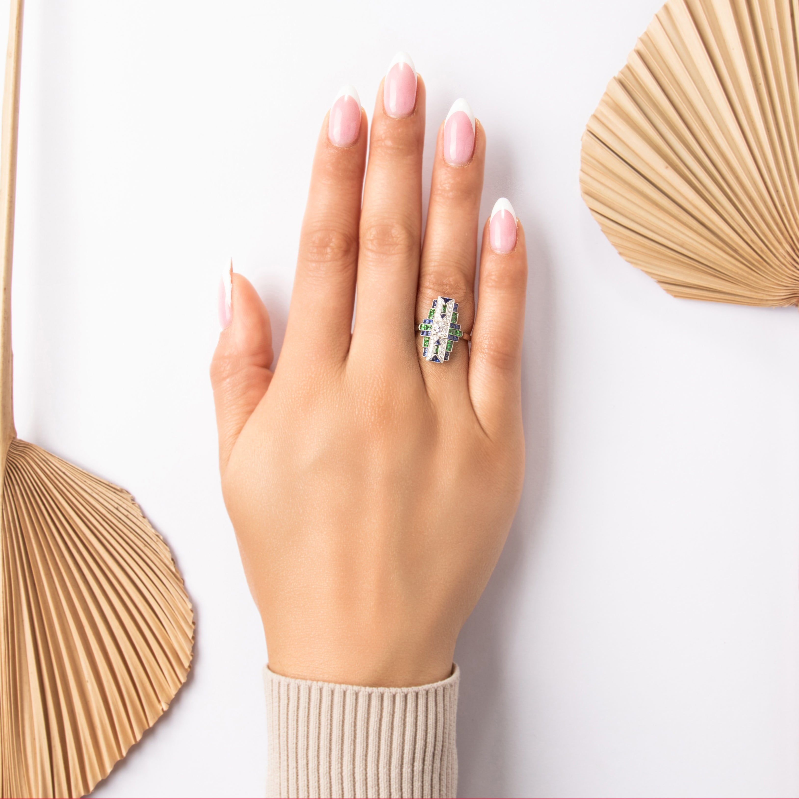 Estate Platinum [Custom Carat] Striking Architectural Glittering Milgrain Shield Ring - On model view