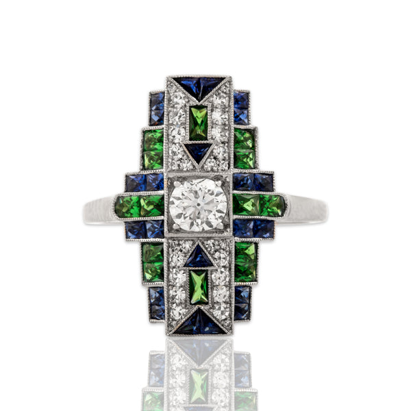 Estate Platinum Diamond Blue Sapphire Tsavorite Garnet Striking Shield Ring 6.50
