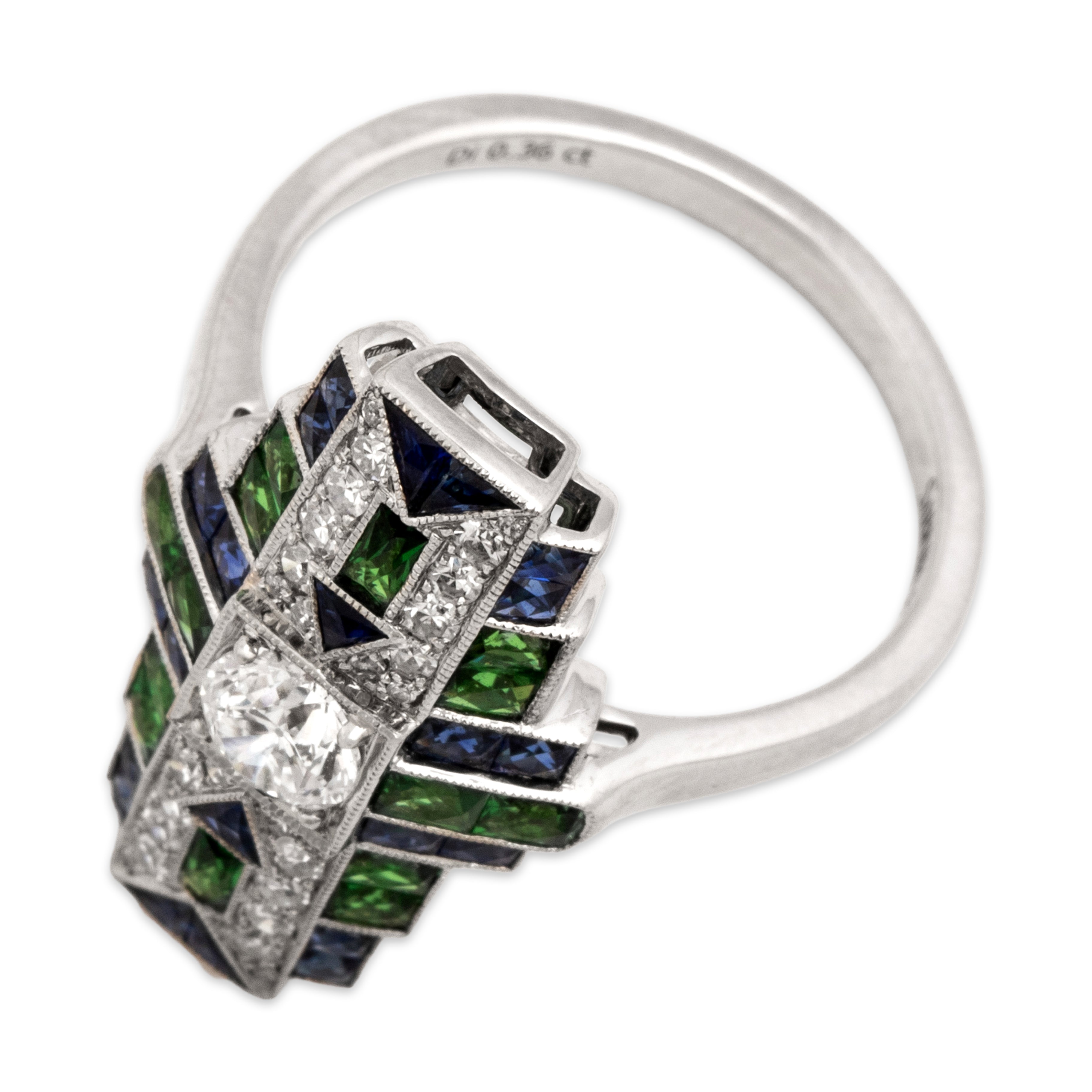 Estate Platinum [Custom Carat] Striking Architectural Glittering Milgrain Shield Ring - Overall view
