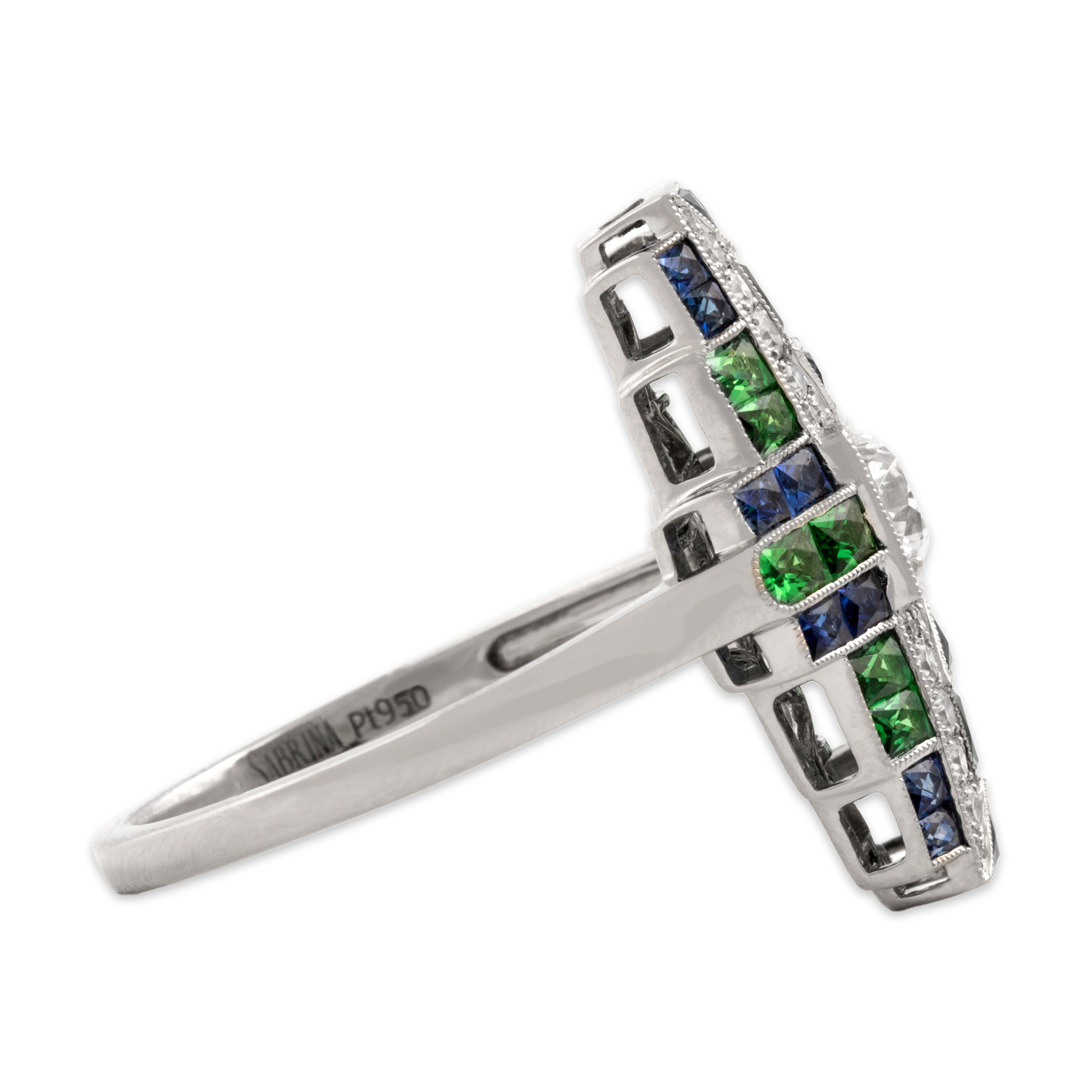 Estate Platinum [Custom Carat] Striking Architectural Glittering Milgrain Shield Ring - Side view
