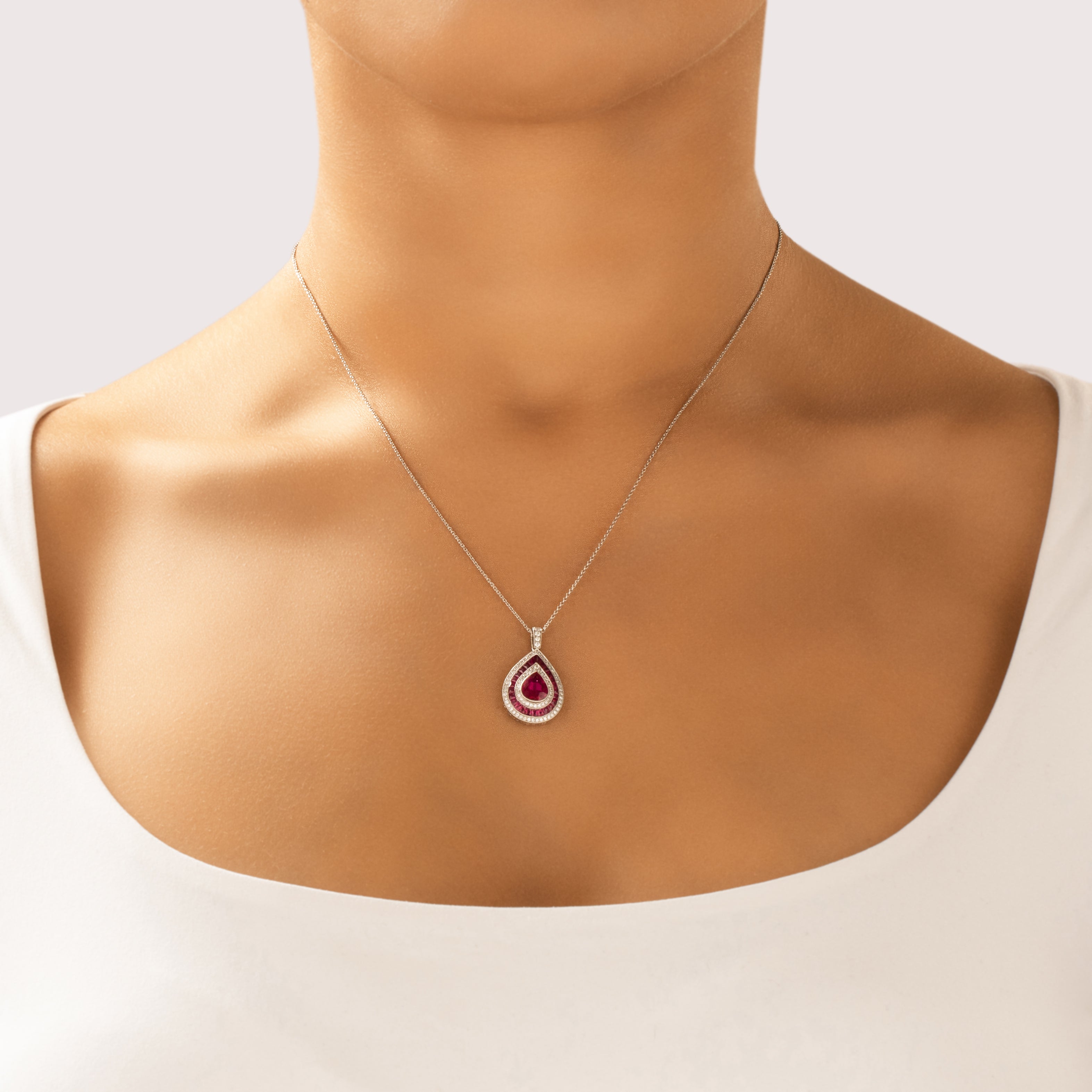 Estate Italian Platinum [Custom Carat] Incredible Pear Halo Dangle Necklace - On model view