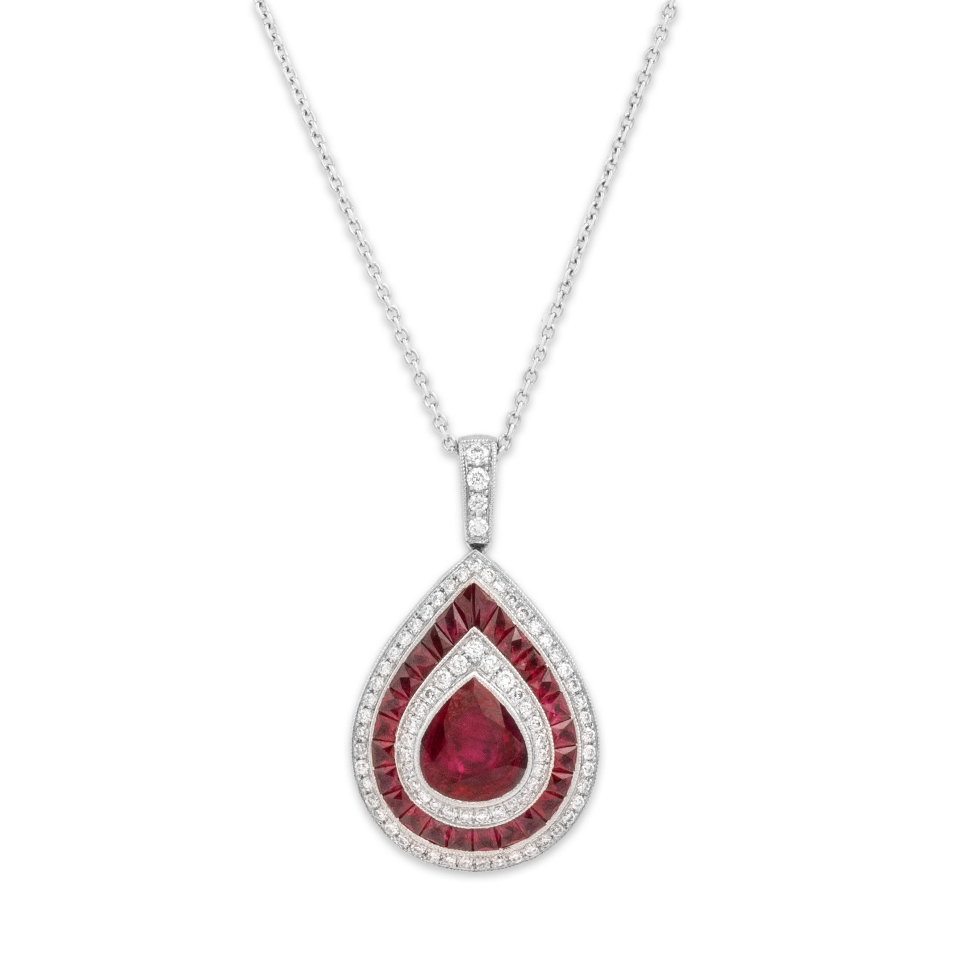 New Italian Platinum 2.27cttw Ruby Diamond Superb Pear Necklace 16.25-18.25