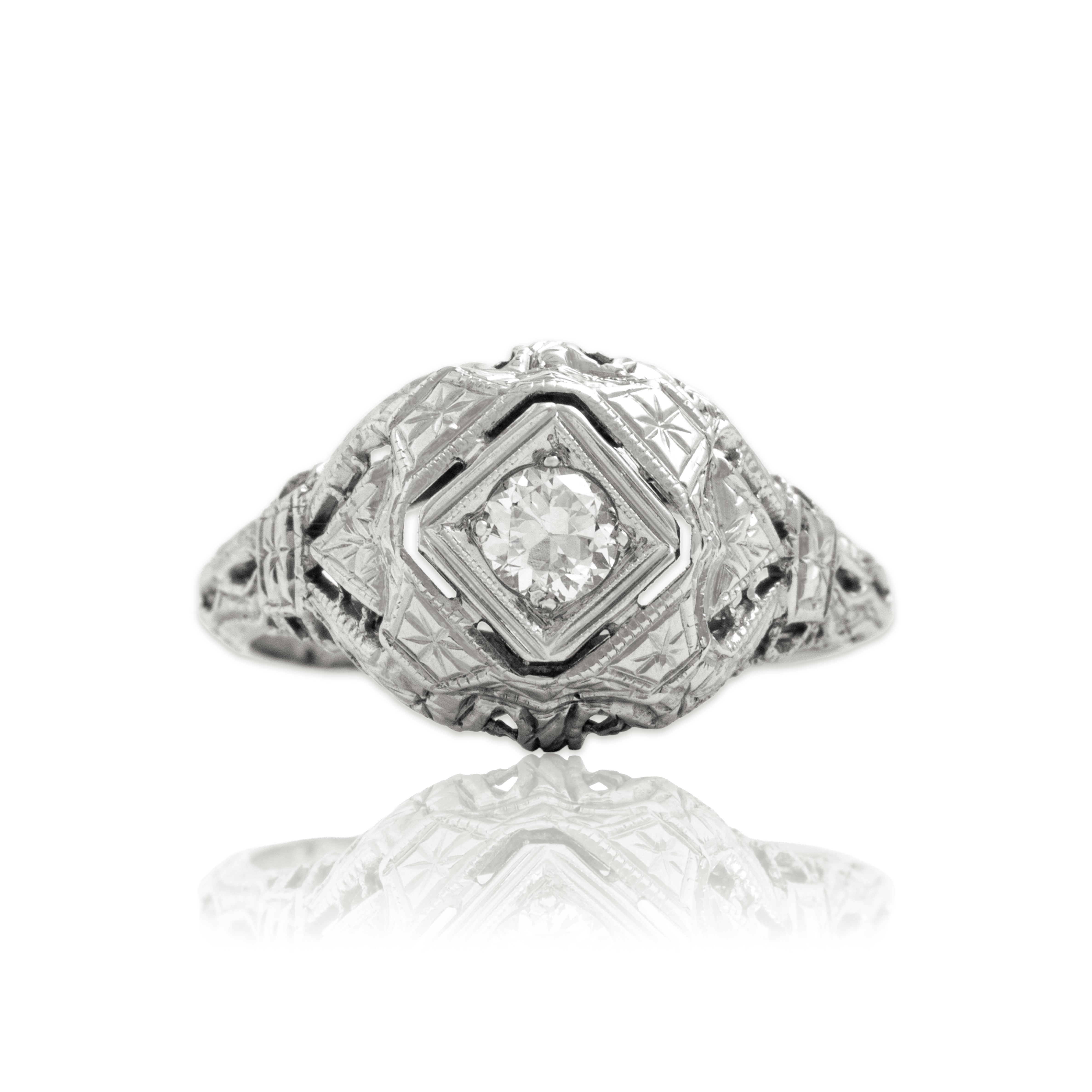 Antique Art Deco 18k White Gold .15ct Old European Cut Diamond Intricate Ring 4.75