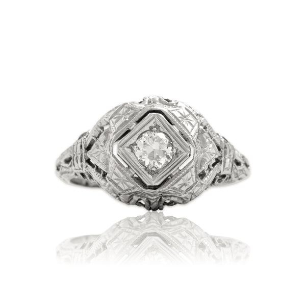 Antique Art Deco 18k White Gold .15ct Old European Cut Diamond Intricate Ring 4.75