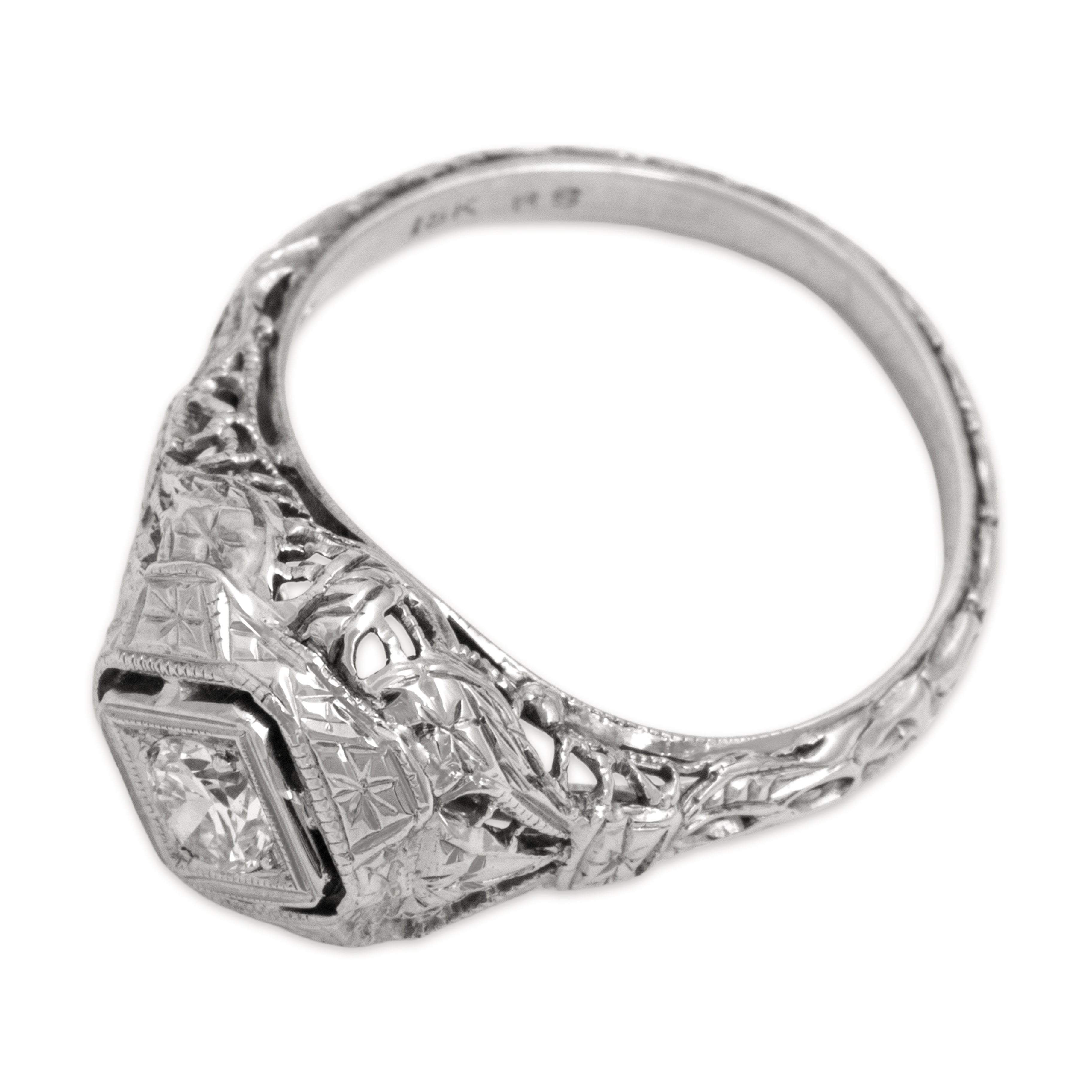 Antique Art Deco 18k White Gold .15ct Old European Cut Diamond Intricate Ring 4.75